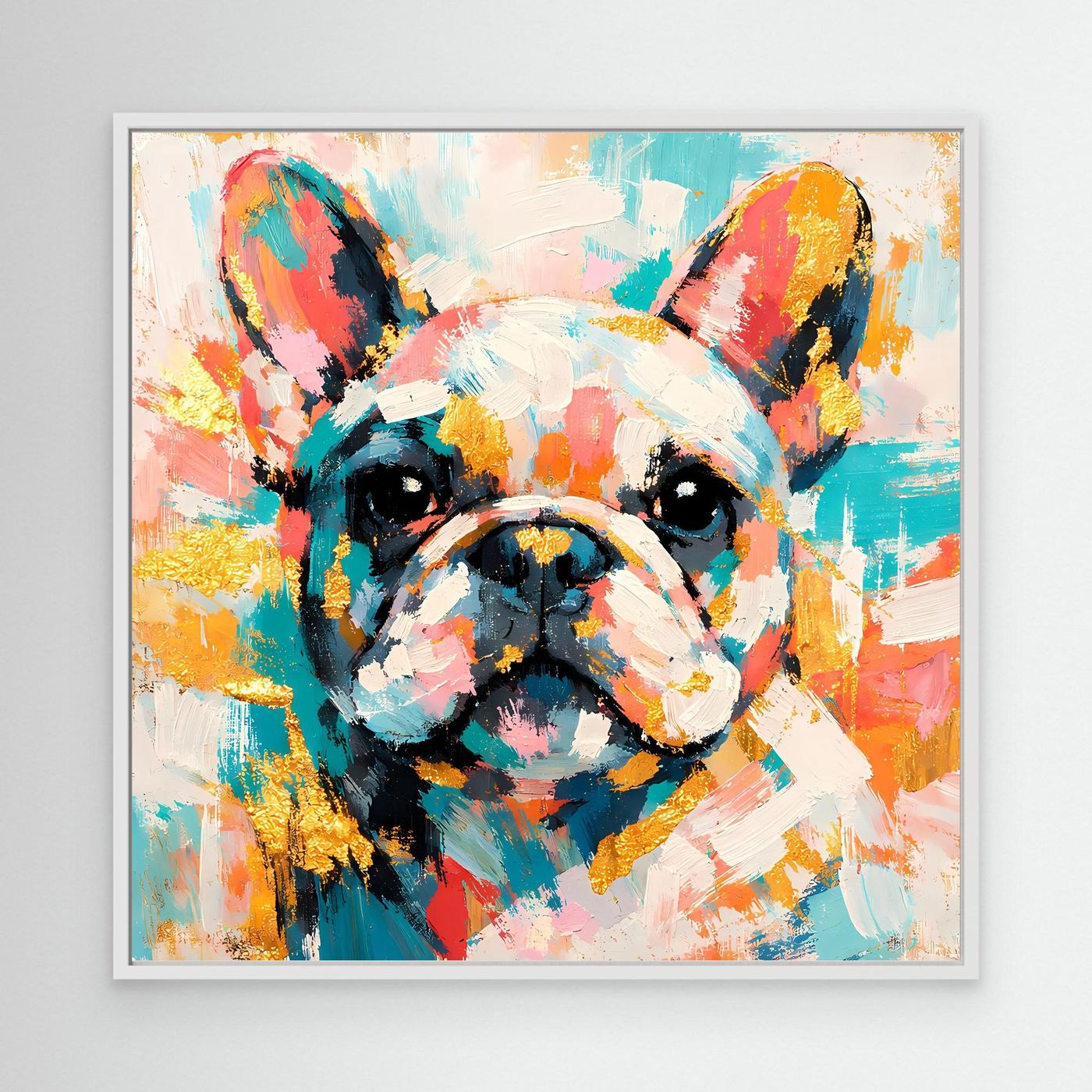 Leinwandbild mit abstrakter Französischer Bulldogge, buntes Porträt im weißen Rahmen