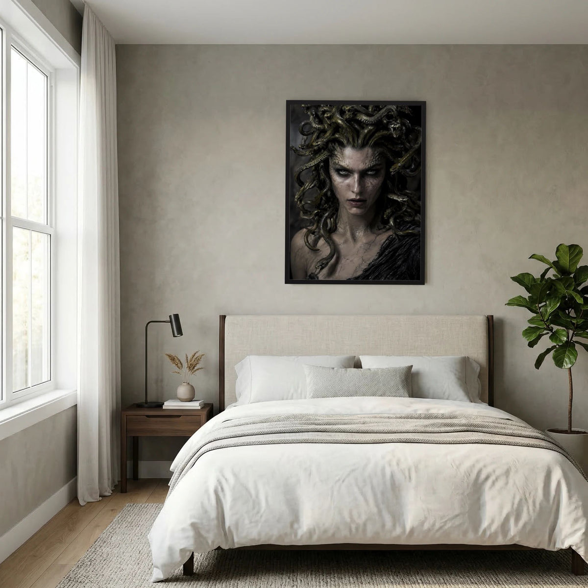 Fantasy-Poster mit Medusa: Frau mit Schlangenhaaren, dunkler Ausdruck im quadratischen Rahmen