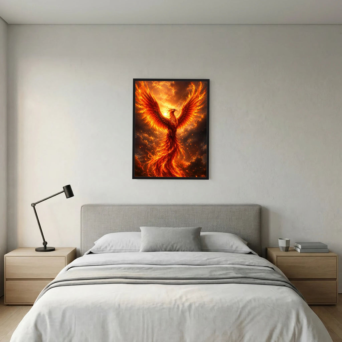 Wandposter mit Phönix aus Feuer, goldorange Flügel auf dunklem Hintergrund