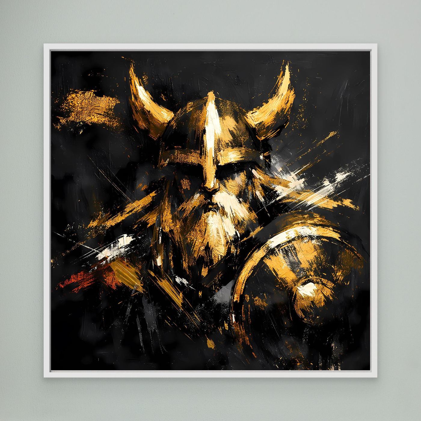Leinwand Goldener Wikinger mit Schild | Abstraktes Nordmann Wandbild Modern
