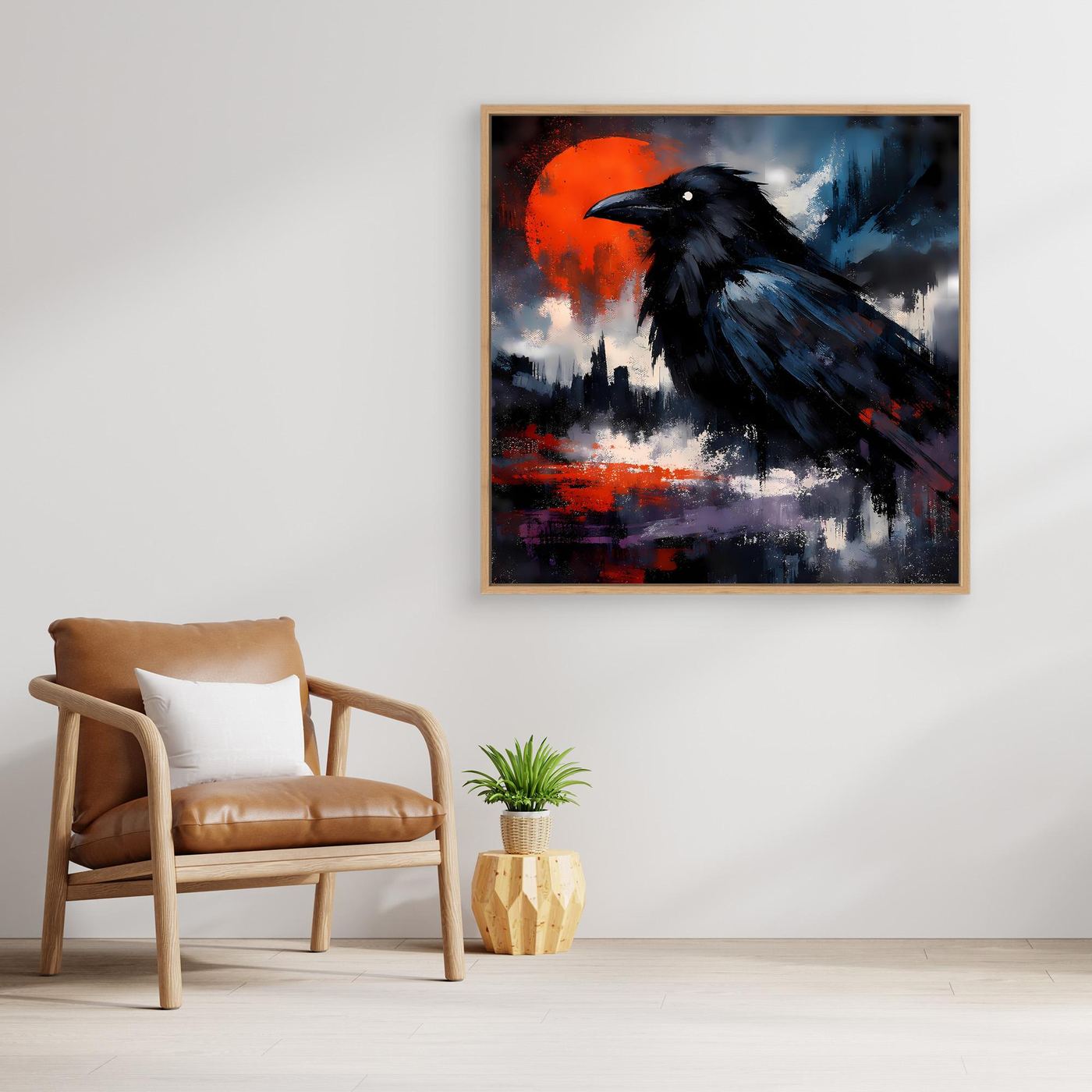 Leinwand-Wandbild mit schwarzem Raben vor rotem Vollmond, Eichenrahmen