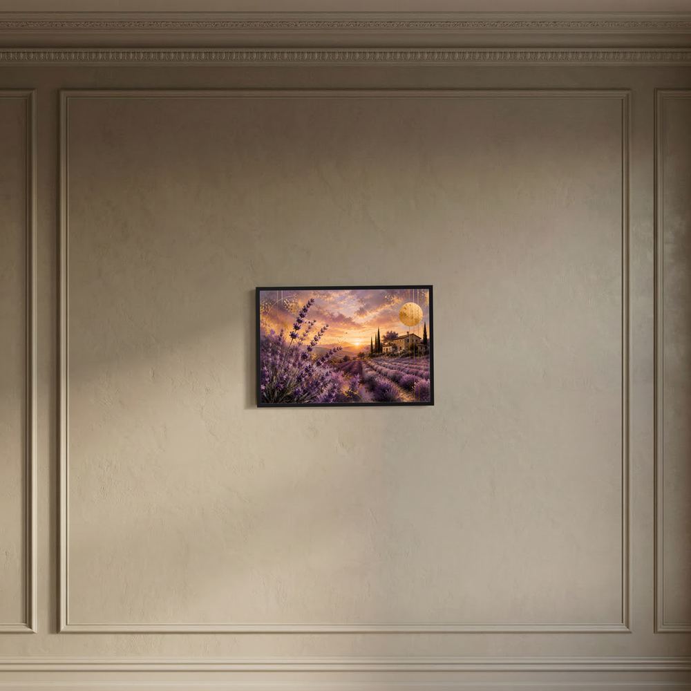 Kleines Wandposter im Querformat mit Lavendelfeld, Landhaus und goldener Sonne, schwarzer Rahmen.