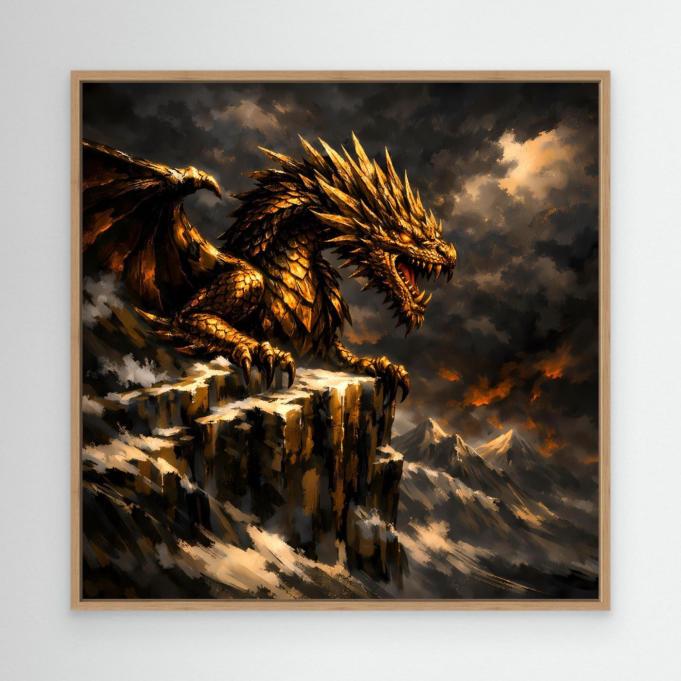 Leinwand Goldener Drache auf Felsgipfel | Episches Fantasy-Wandbild auf Keilrahmen