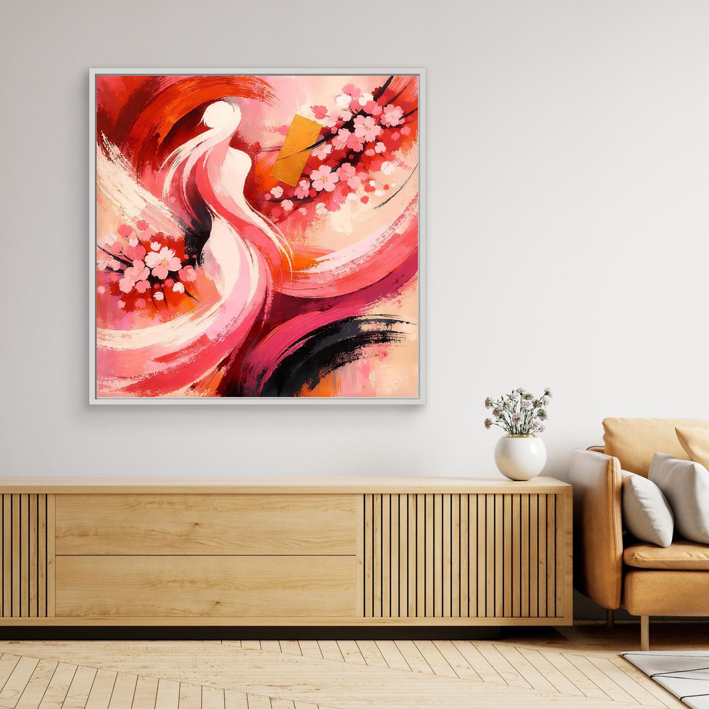 Abstraktes Leinwandbild mit Kirschblüten und weißer Silhouette, rot-pink, silberner Rahmen