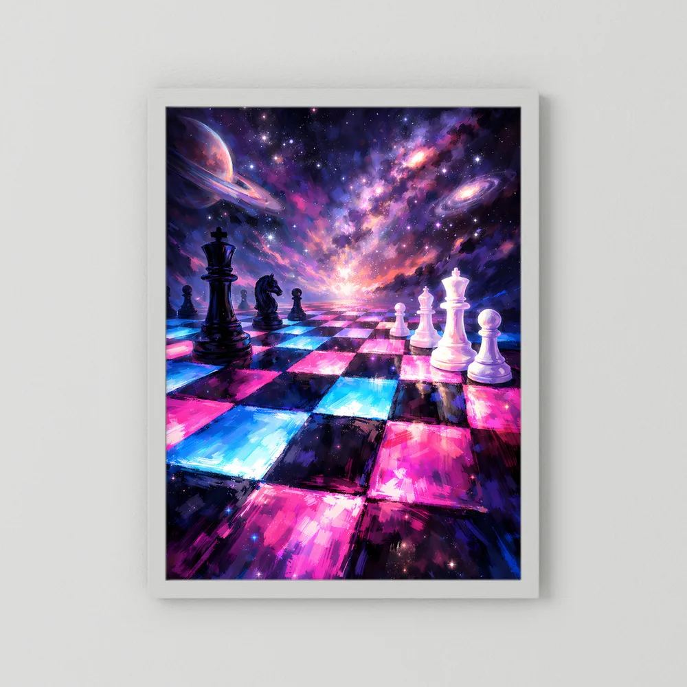 Schachposter mit weißem Rahmen; Galaxie-Schachbrett mit schwarzen und weißen Figuren