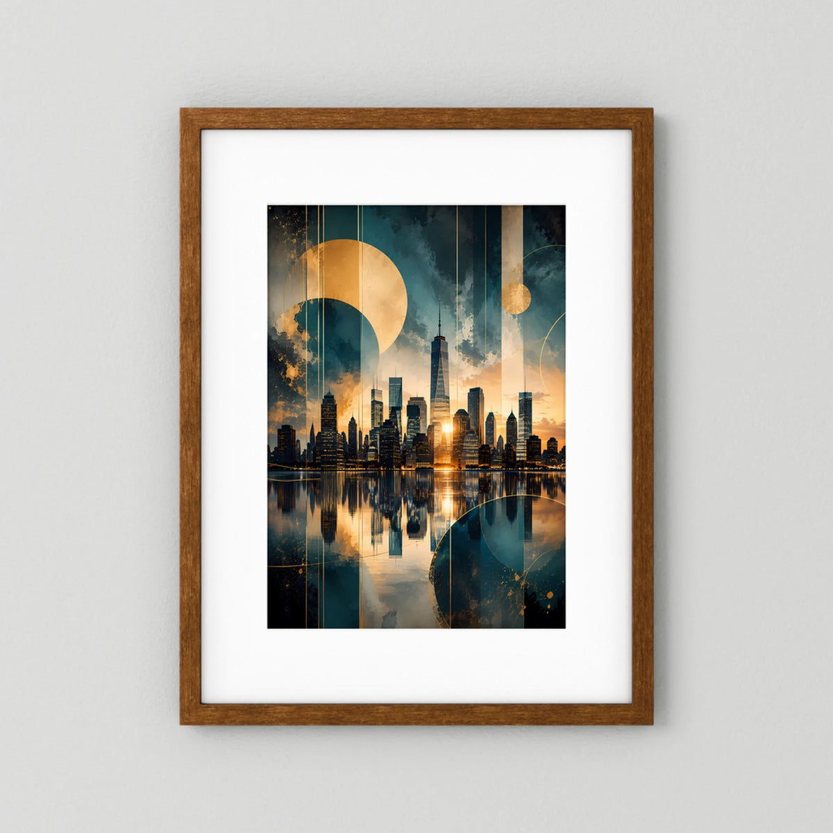Poster im Hochformat mit abstrakter Skyline in Gold und Petrol, brauner Holzrahmen