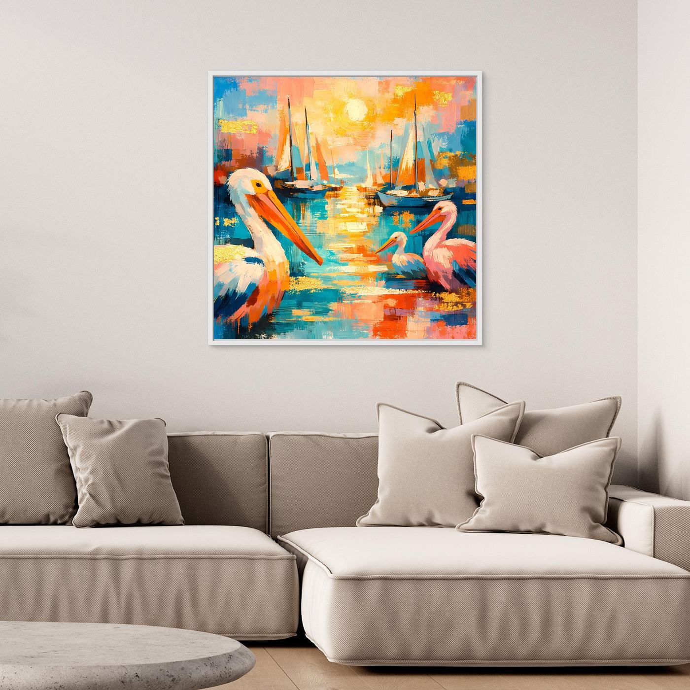 Leinwandbild mit bunten Pelikanen am Hafen und Segelbooten, heller Rahmen