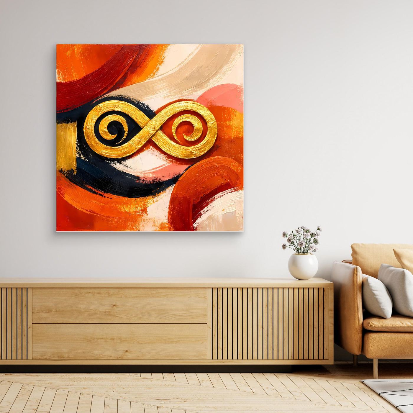 Abstraktes Leinwandbild mit goldener Unendlichkeit, warmes Orange-Rot und Cremelementen