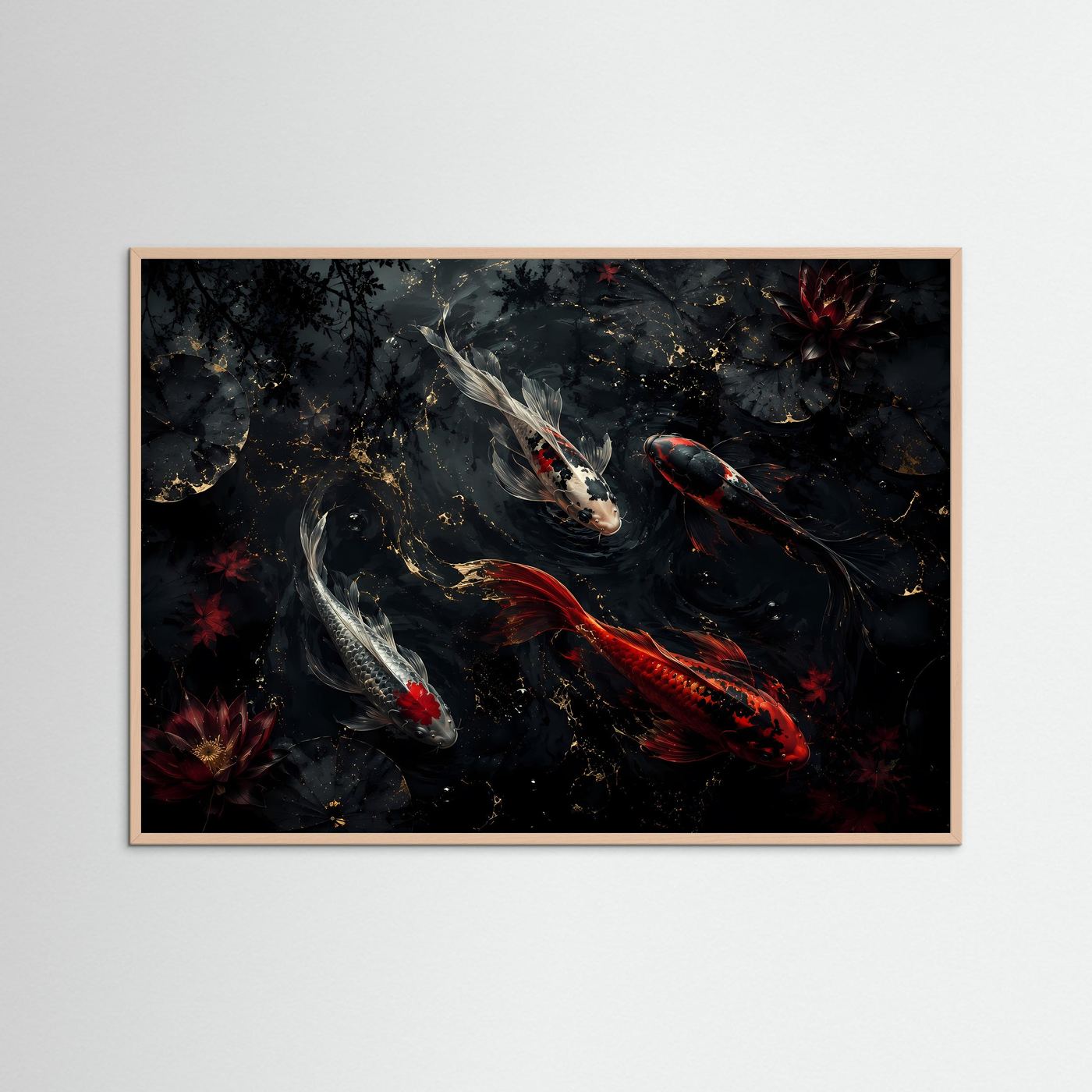 Koi-Karpfen im dunklen Lotus-Teich | Elegantes asiatisches Wandbild in Schwarz, Rot & Gold