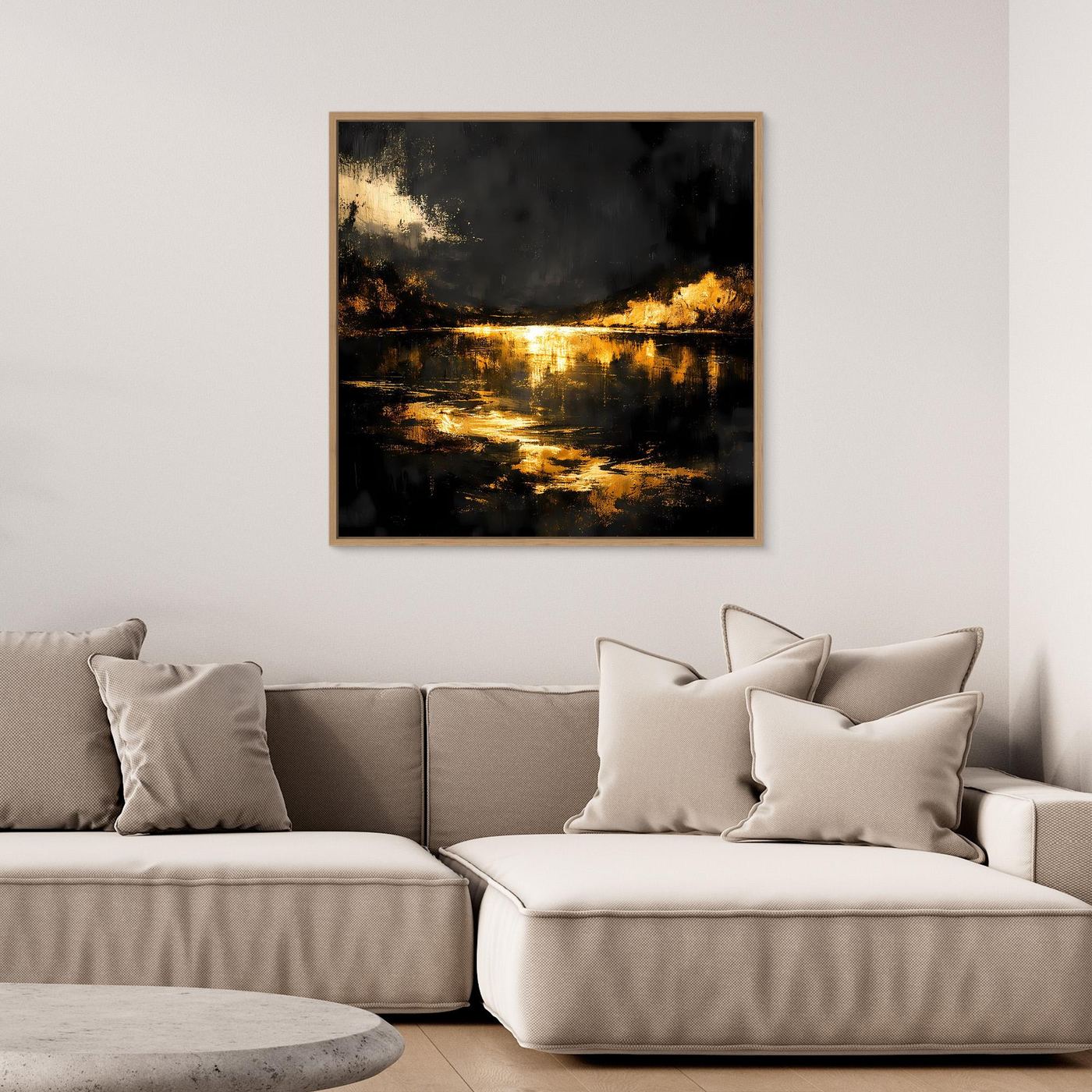 Leinwand Goldene Flusslandschaft bei Nacht | Abstraktes Natur Wandbild Moderne Kunst