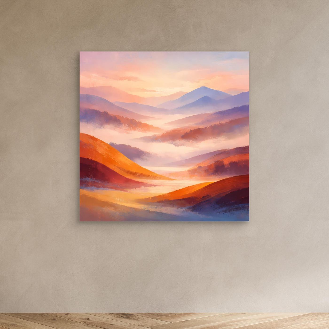 Leinwandbild Berglandschaft in Pastell, orange und violette Farbübergänge (ohne Rahmen)