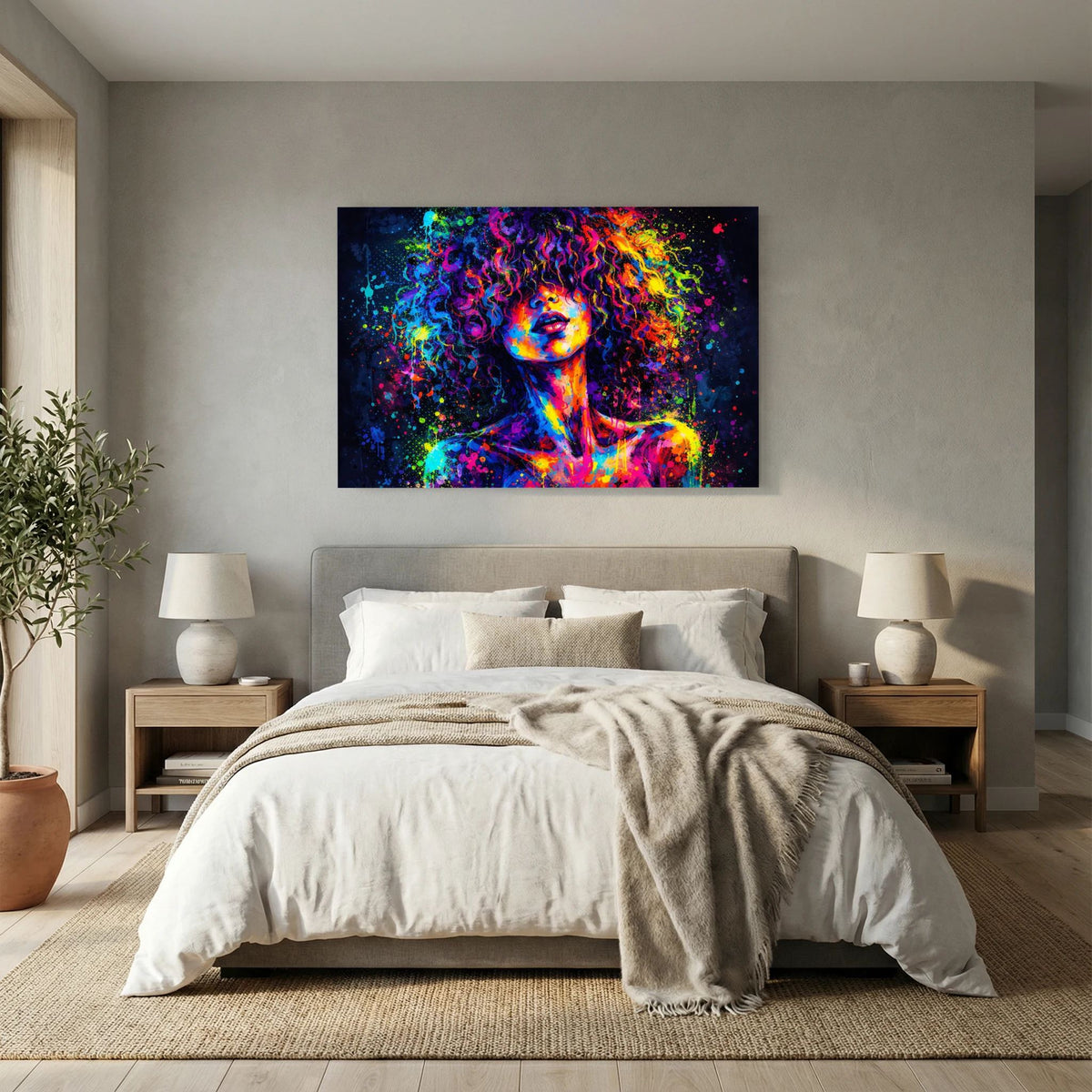 Neonfarbenes Wandbild mit abstrakter Frauenbüste in Leuchtfarben, Querformat