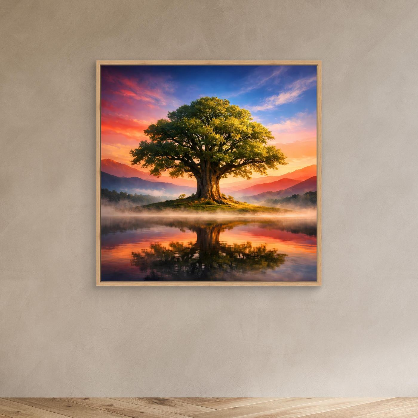 Leinwandbild mit Baum, Eichenrahmen, Sonnenaufgang und Spiegelung im Wasser