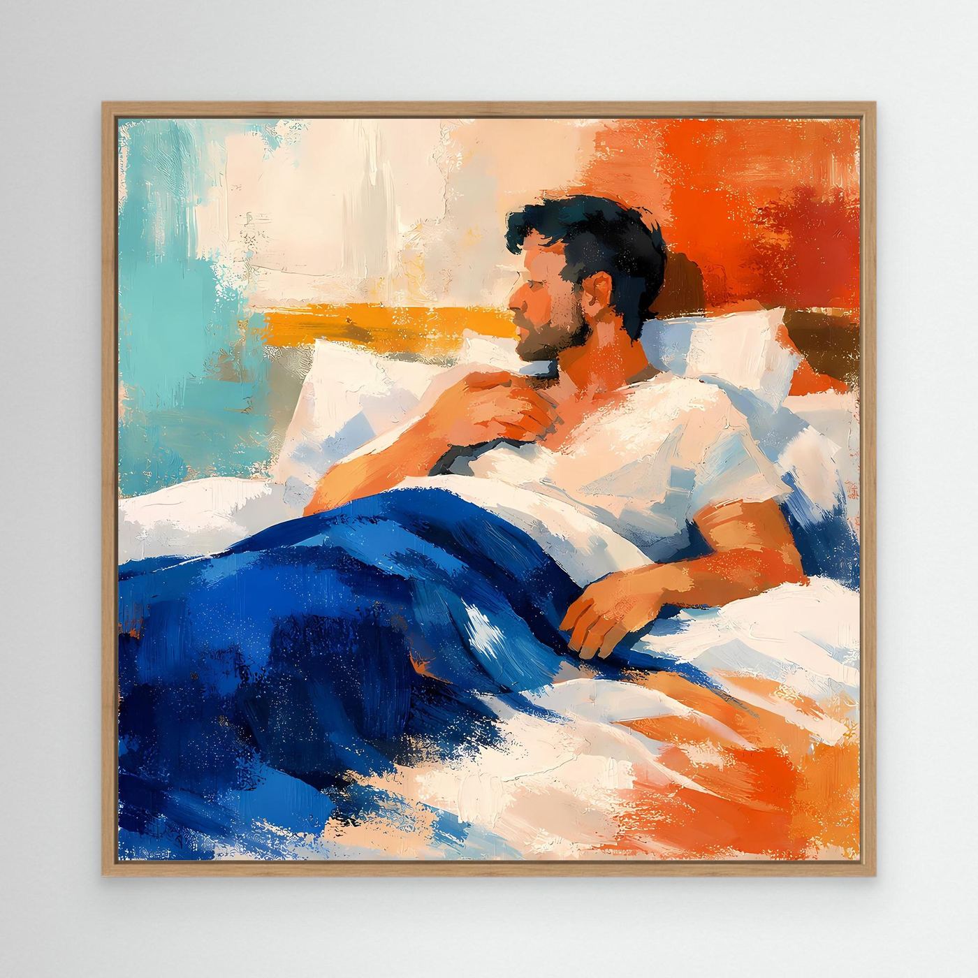 Leinwand-Wandbild mit liegendem Mann, abstrakte Farbflächen in Blau, Orange, Türkis im Holzrahmen