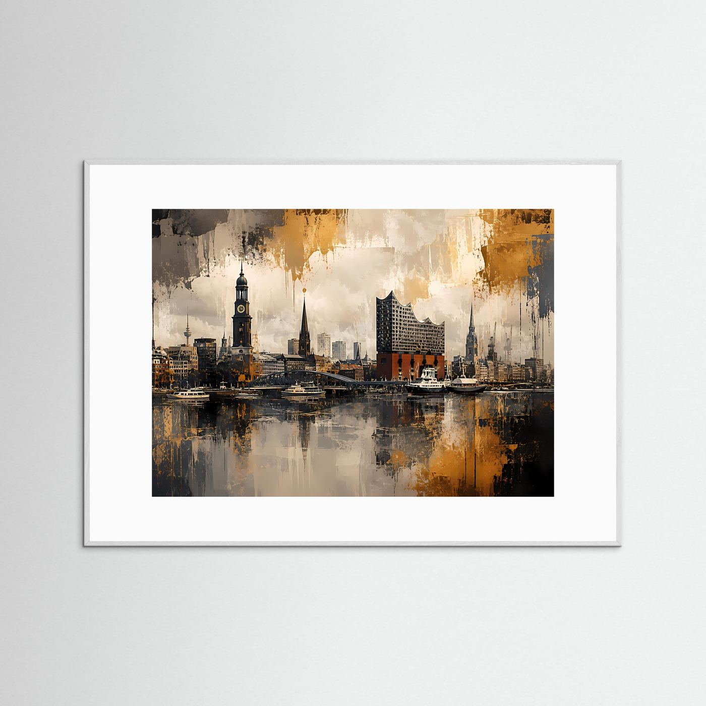 Hamburg Skyline an den Landungsbrücken | Abstraktes Hafen-Poster im Querformat