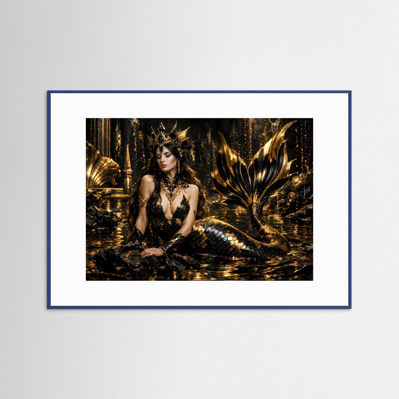 Goldene Meerjungfrau in Schwarz & Gold | Mystisches Fantasy Wandbild Querformat