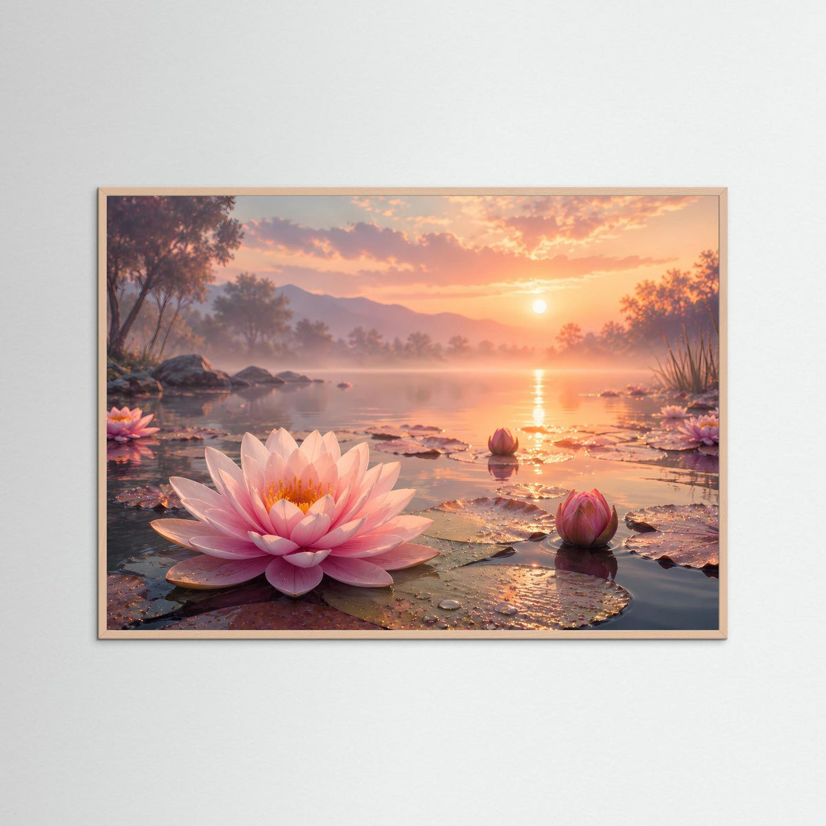 Poster mit rosa Seerosen auf See bei Sonnenuntergang, Holzrahmen in Roseton, querformat