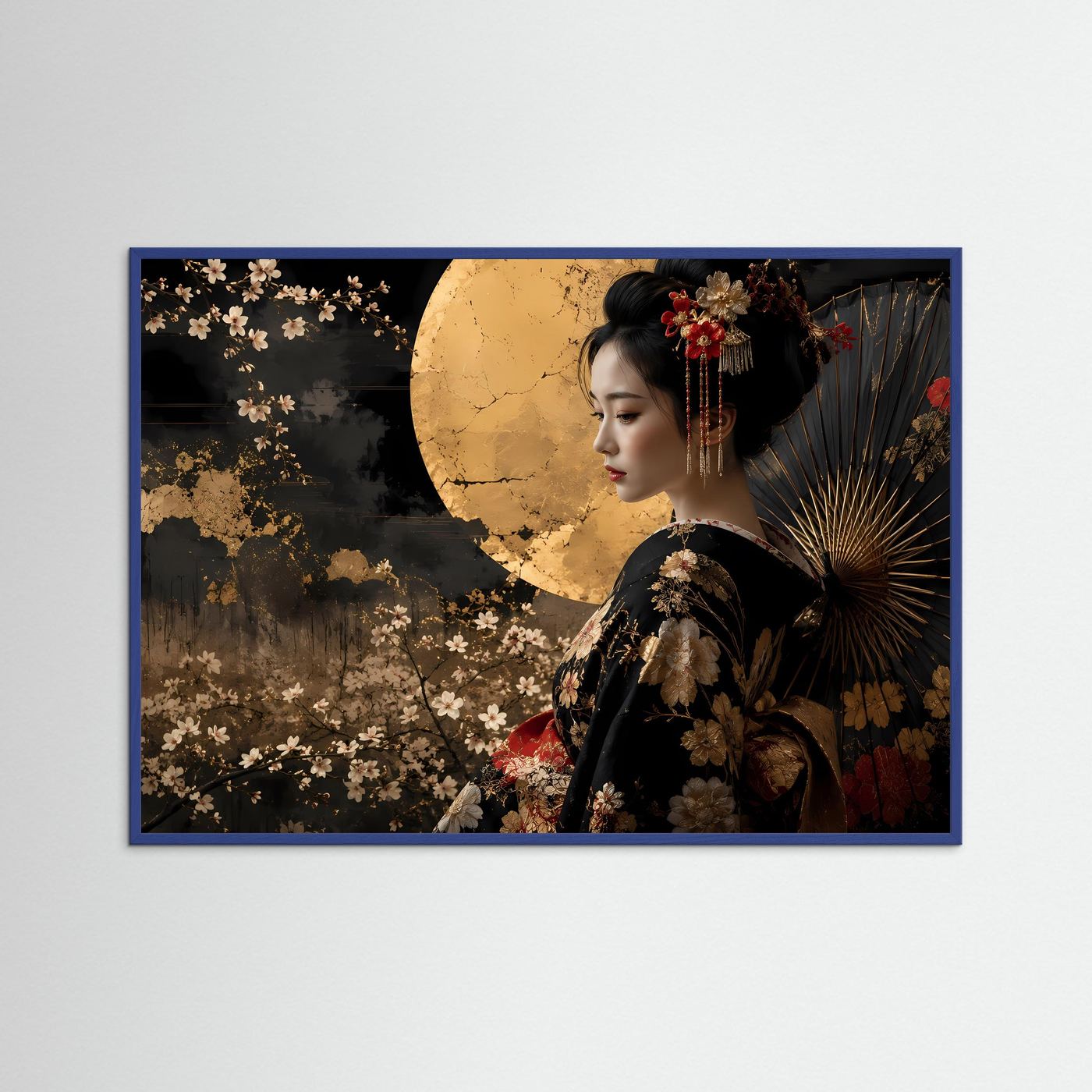 Elegante Geisha mit goldenem Vollmond | Japanische Kunst & Kimono Poster
