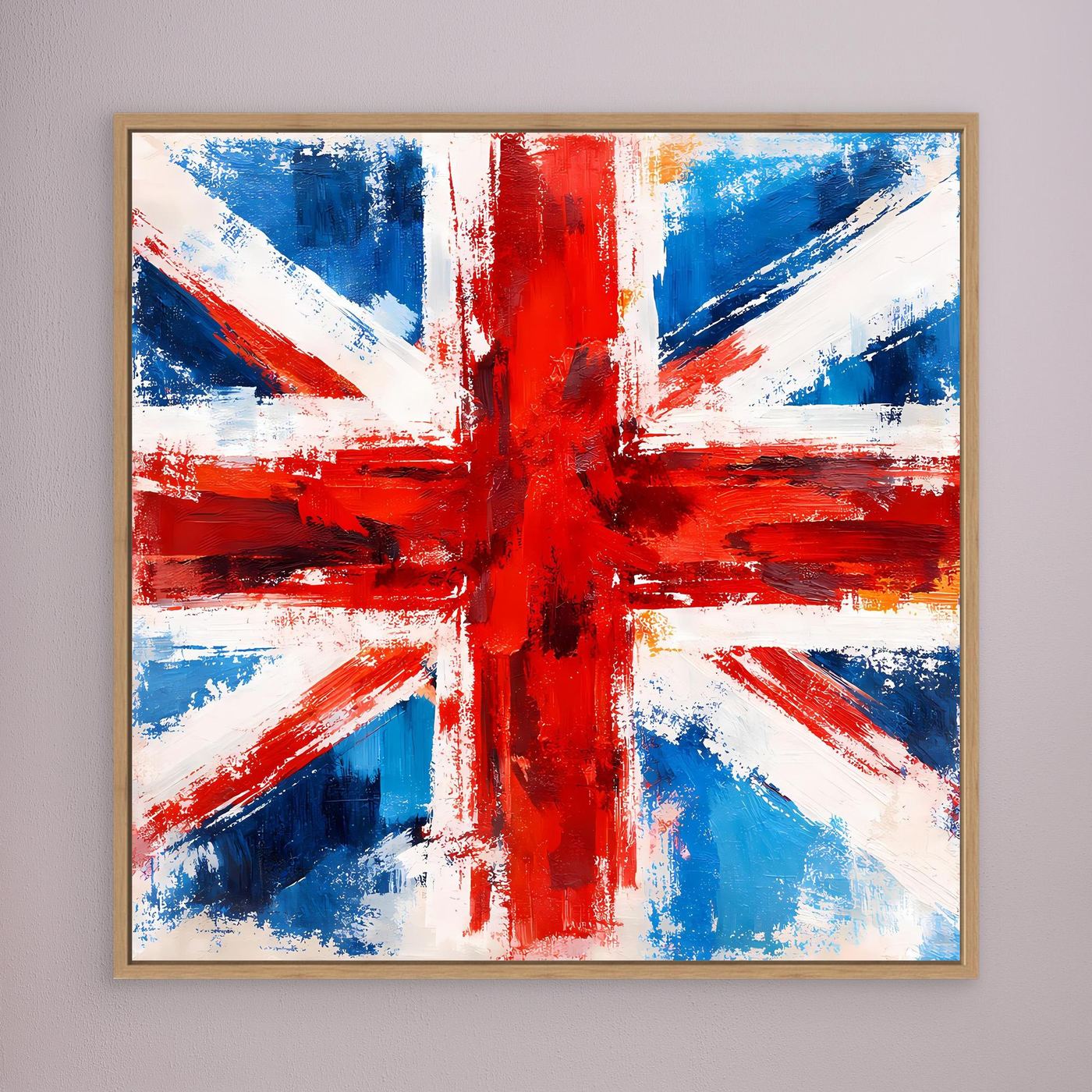 Abstract Union Jack canvas wall art with oak frame, textured red and blue brush design