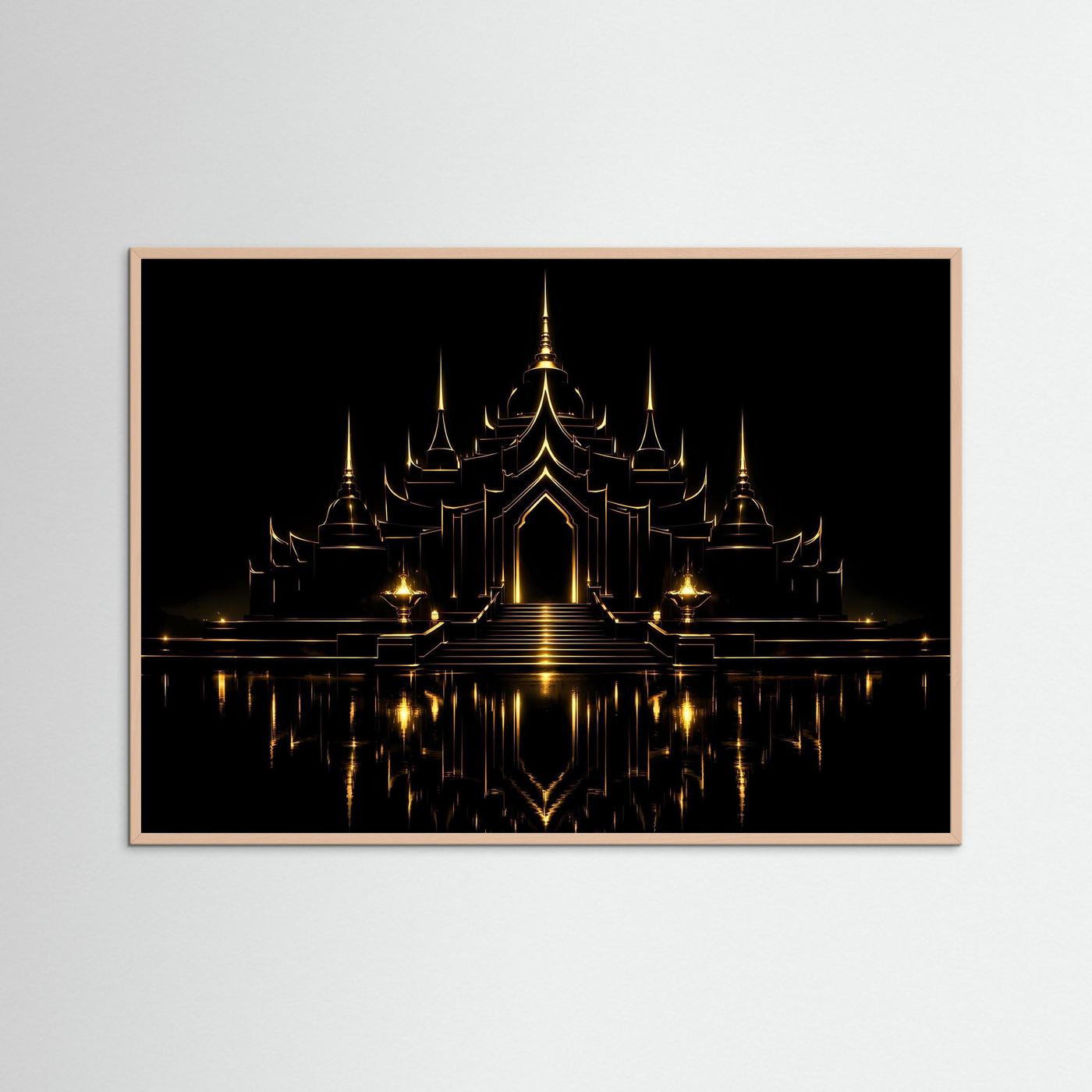 Poster mit goldener Tempelarchitektur, schwarzem Hintergrund, Spiegelbild, beiger Rahmen.