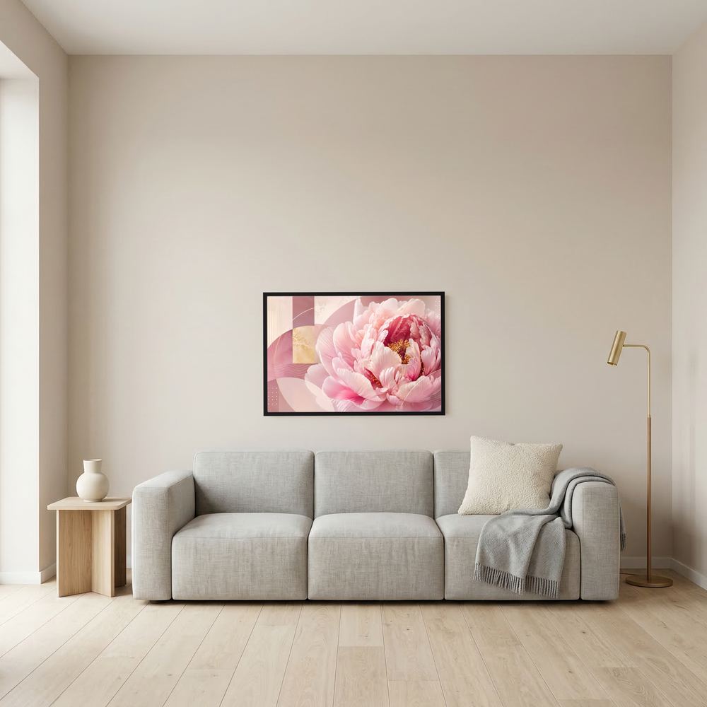 Wandposter im Querformat mit pastellrosa Pfingstrose, schwarzer Rahmen