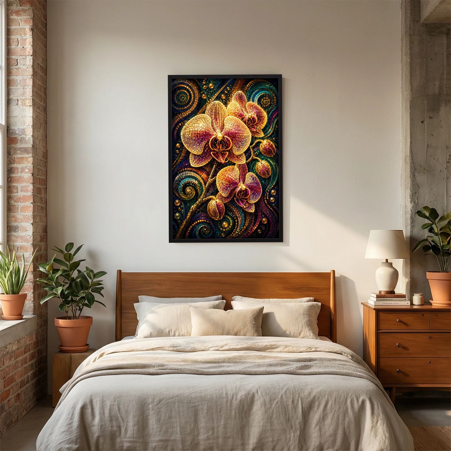 Poster mit Mosaik-Orchideen in Gold und Violett, schwarzer Rahmen