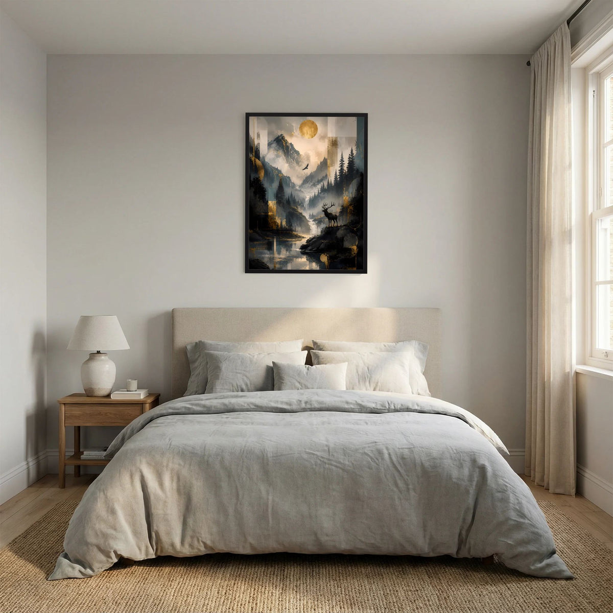Gerahmtes Poster im Hochformat über dem Bett mit Bergsee und Hirsch