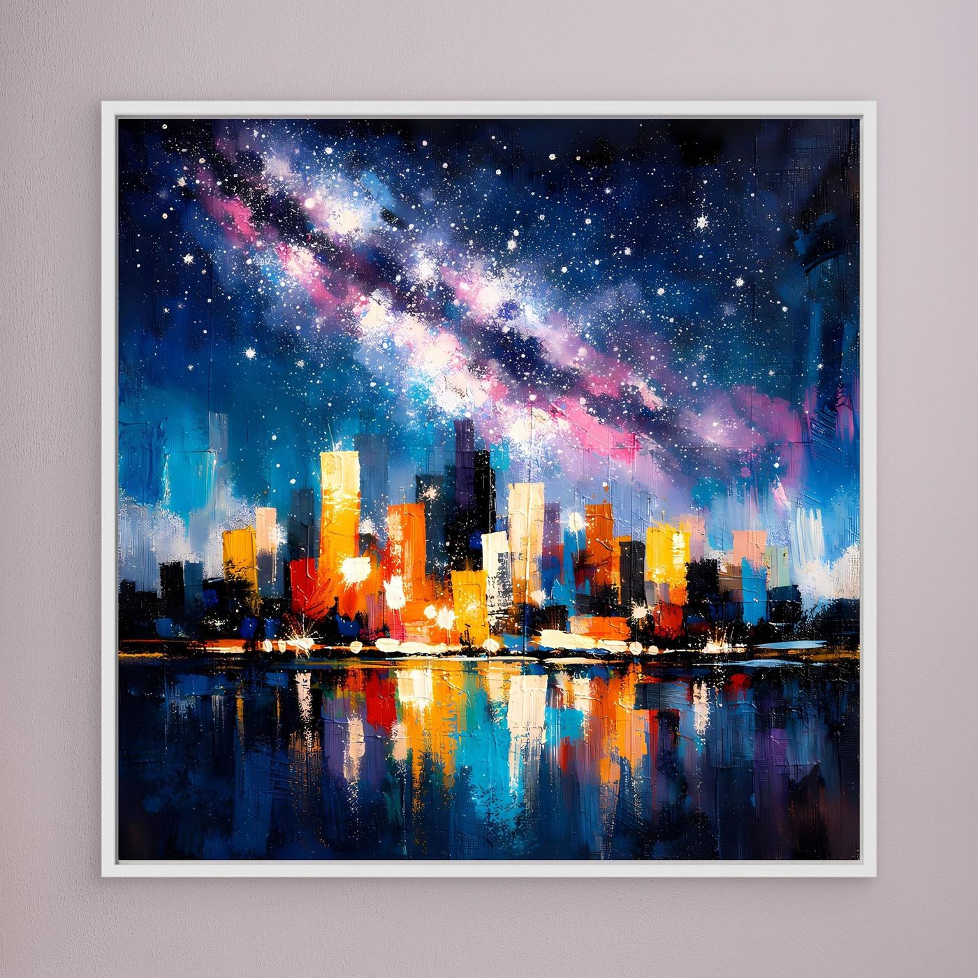 City skyline canvas wall art with glowing buildings and Milky Way reflections, white frame