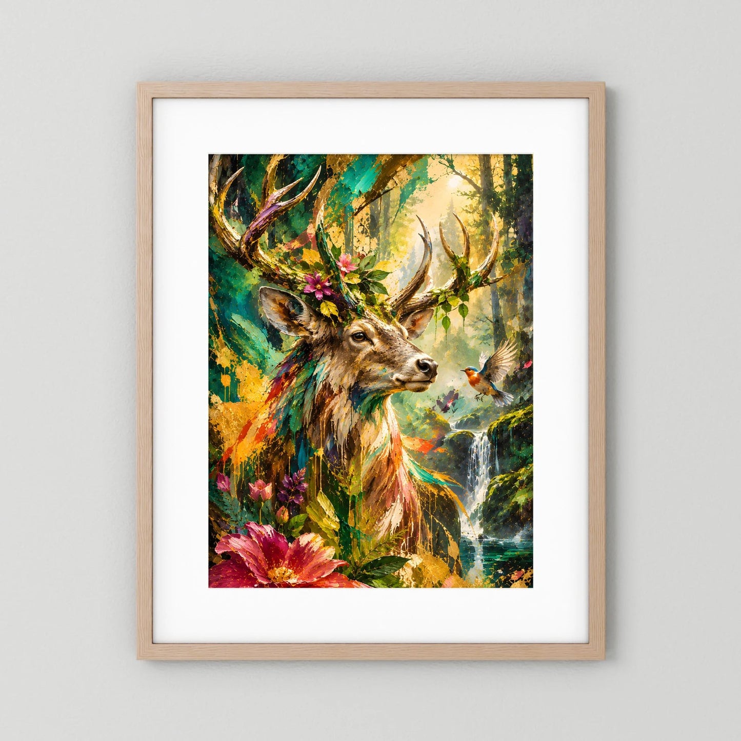 Hochformatiges Tierposter: Hirsch im farbigen Wald, Wasserfall im Hintergrund, heller Holzrahmen