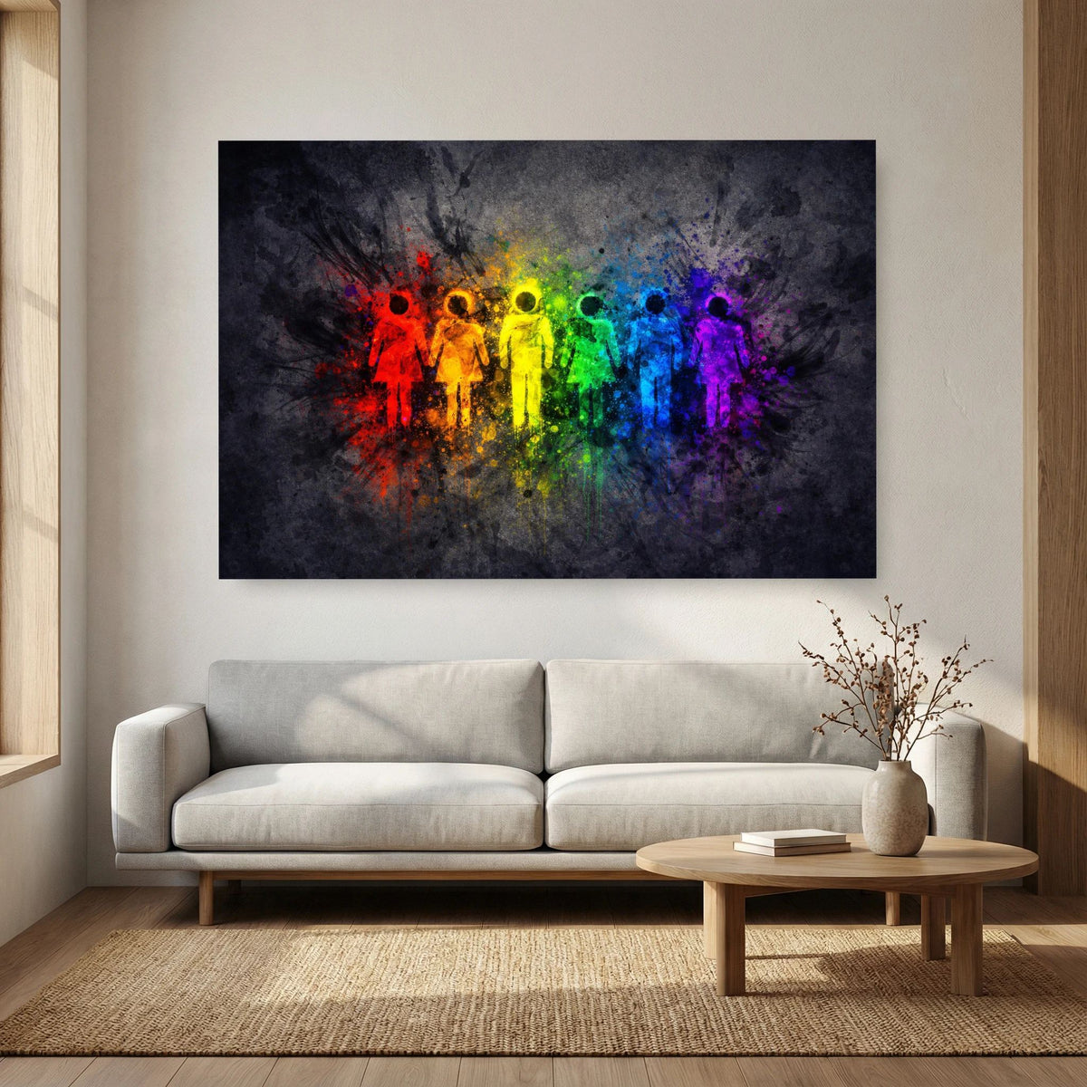 Gerahmtes Querformat-Wandbild mit farbigen Silhouetten im Regenbogen über dunklem Grund