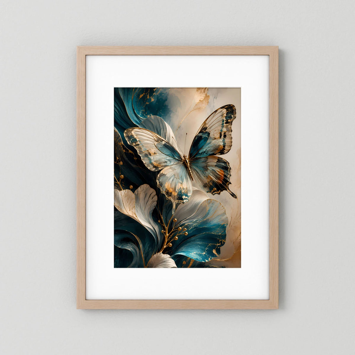 Eleganter Schmetterling in Petrol und Gold | Abstrakte florale Kunst | Poster Hochformat