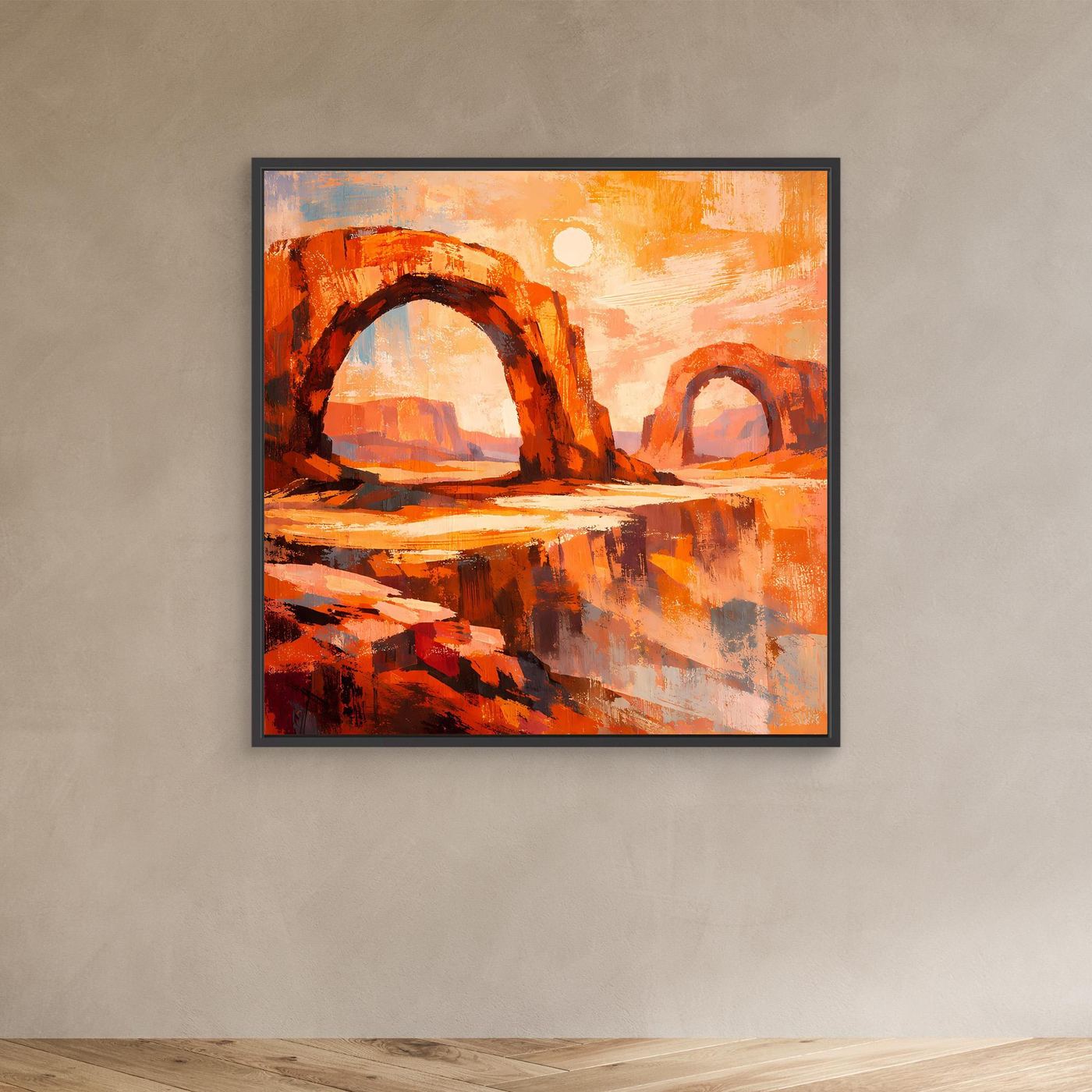 Abstraktes Leinwandbild mit Canyonbögen in Orange und Sonne, schwarzer Rahmen