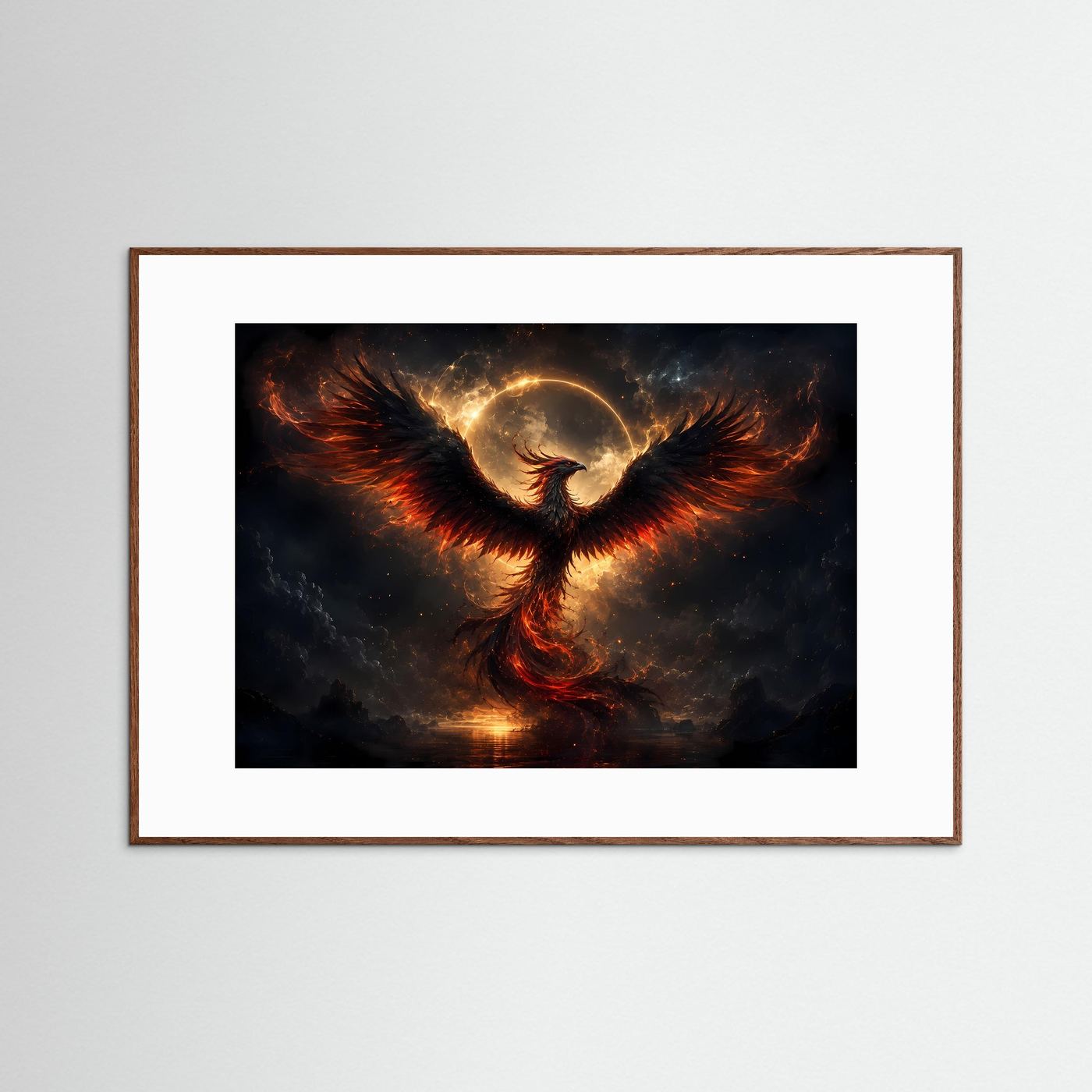 Dunkler Phönix Poster | Mystischer Feuervogel Wandkunst | Schwarz Gold Fantasy Kunst | Abstraktes Wandbild mit Flammen