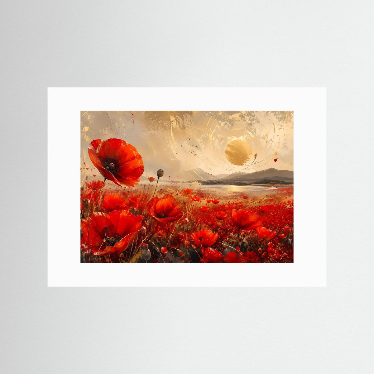 Wandbild mit roten Mohnblumen und goldener Sonne im weißen Passepartout