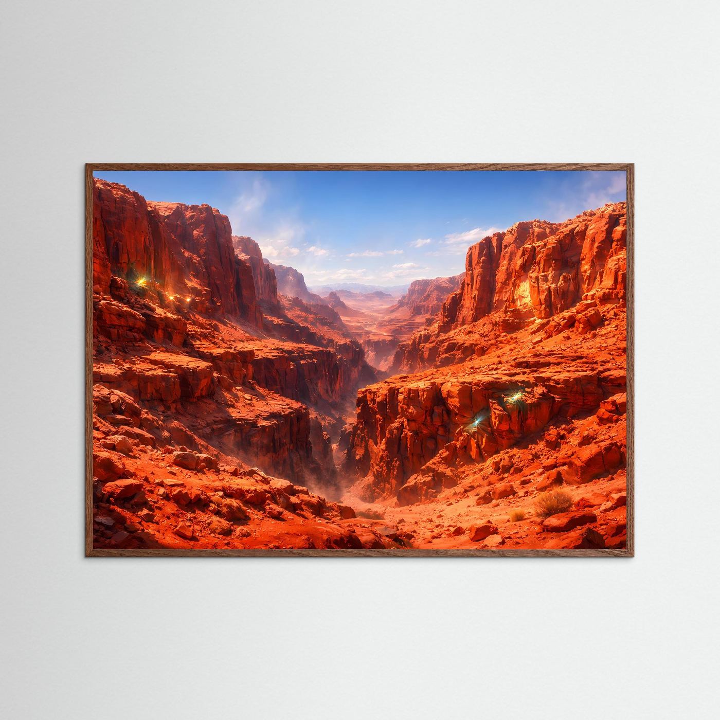 Naturposter im Querformat: roter Canyon mit Schlucht, gerahmt in dunklem Holzrahmen