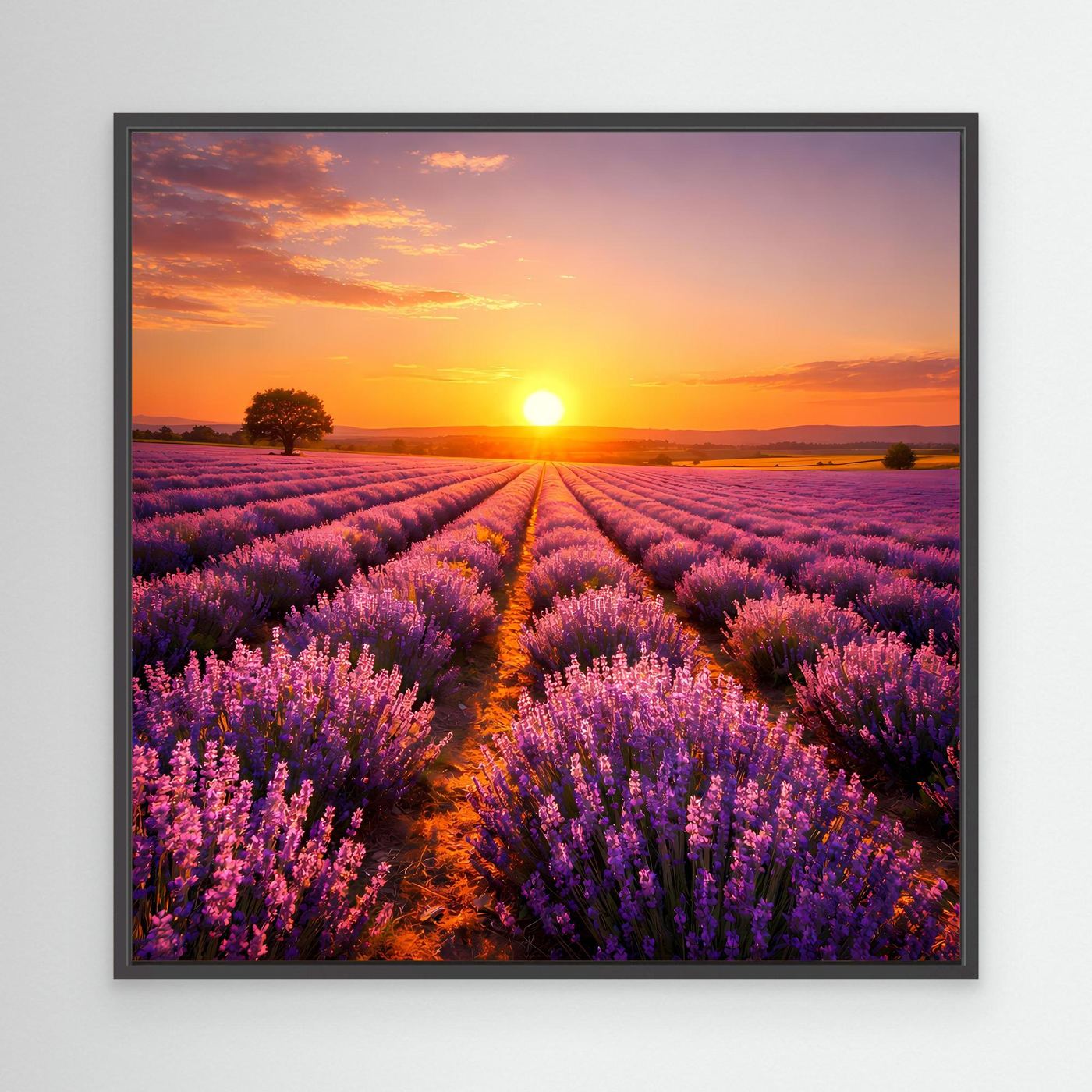 Leinwandbild mit Lavendelfeld in Violett und Sonnenuntergang, schwarzer Rahmen