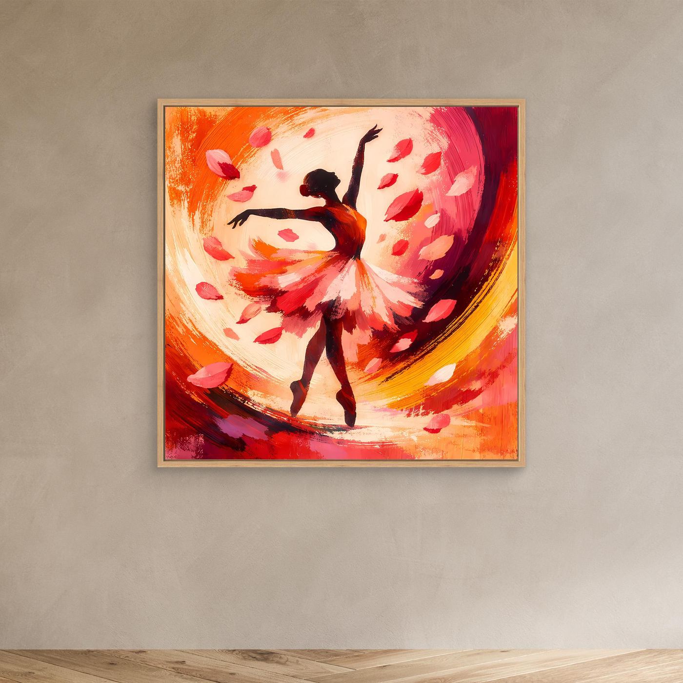 Leinwandbild mit Ballerina im Blütenregen, orange-roter Farbverlauf, silbergrauer Rahmen