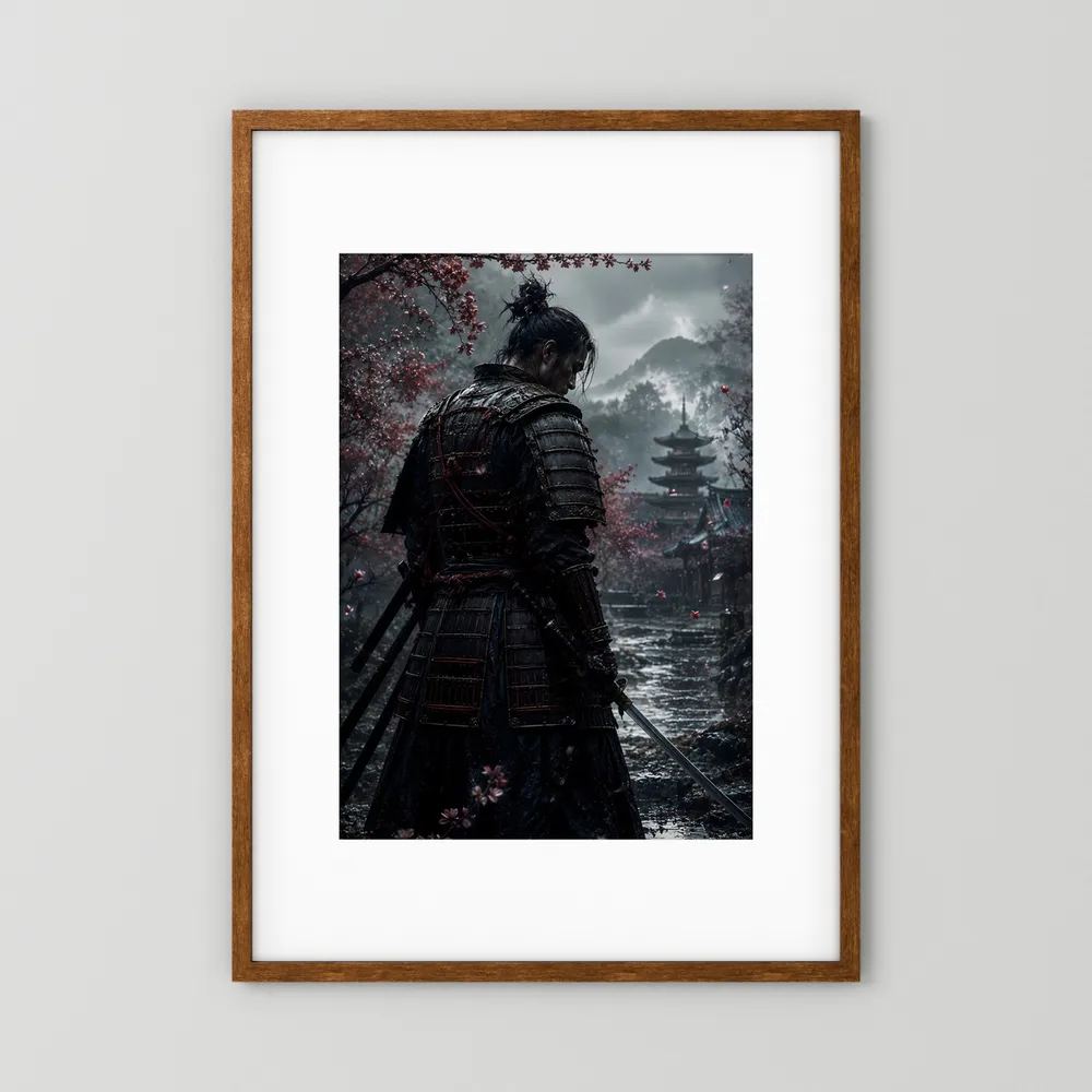 Gerahmtes Poster: Samurai-Krieger in dunkler Rüstung vor Kirschblüten und Tempel