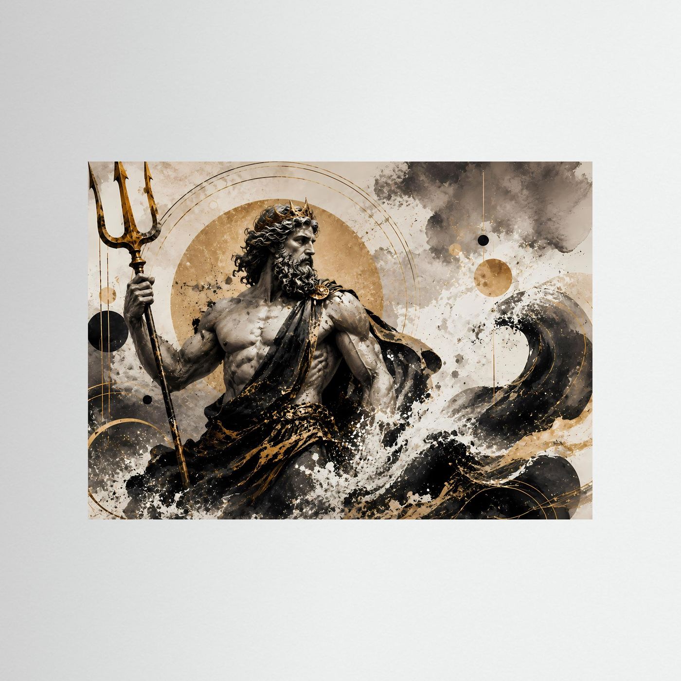 Querformat-Poster Poseidon mit Dreizack, Meeresschaum und goldenen Akzenten