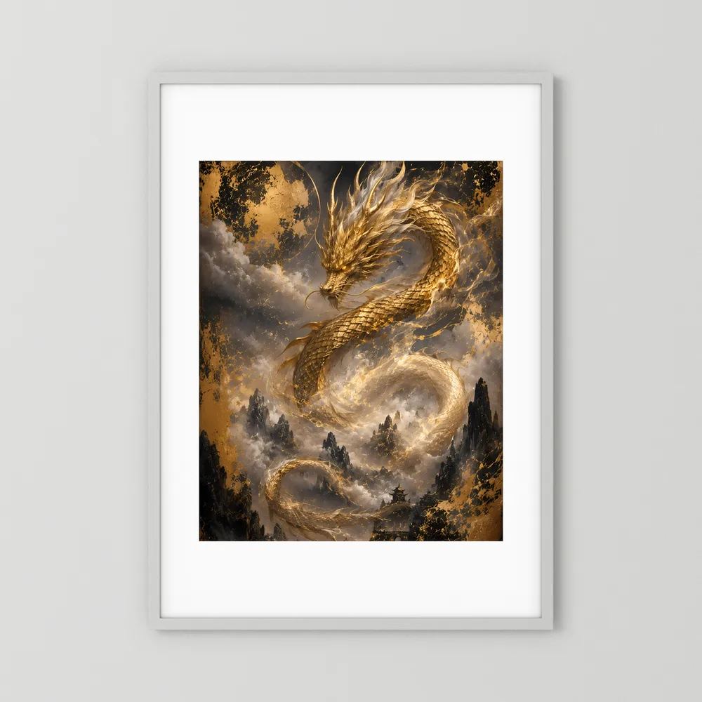 Weiß gerahmtes Hochformat-Poster mit goldenem Drachen und Mond vor Wolken
