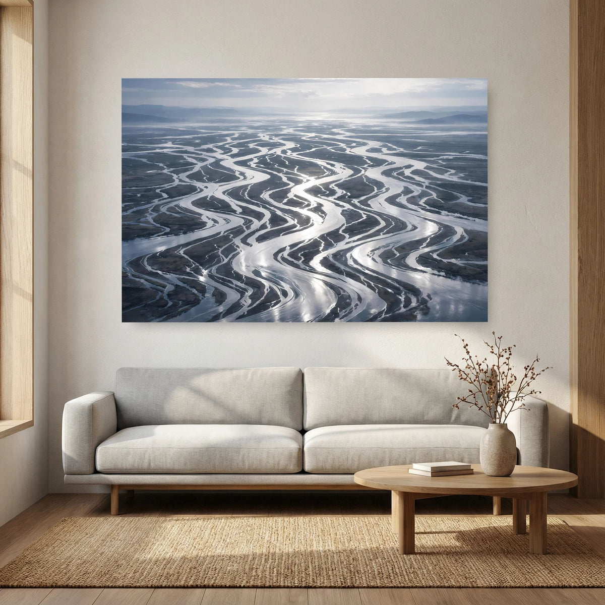 Wandbild im Querformat mit Holzrahmen: Flussdelta aus Vogelperspektive, blau-grau