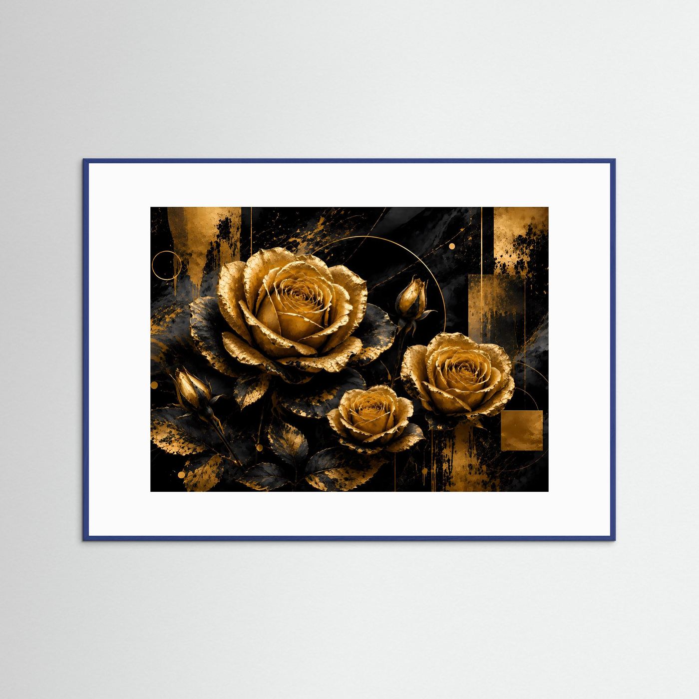 Querformat-Poster mit goldenen Rosen auf dunklem Hintergrund, blau gerahmt