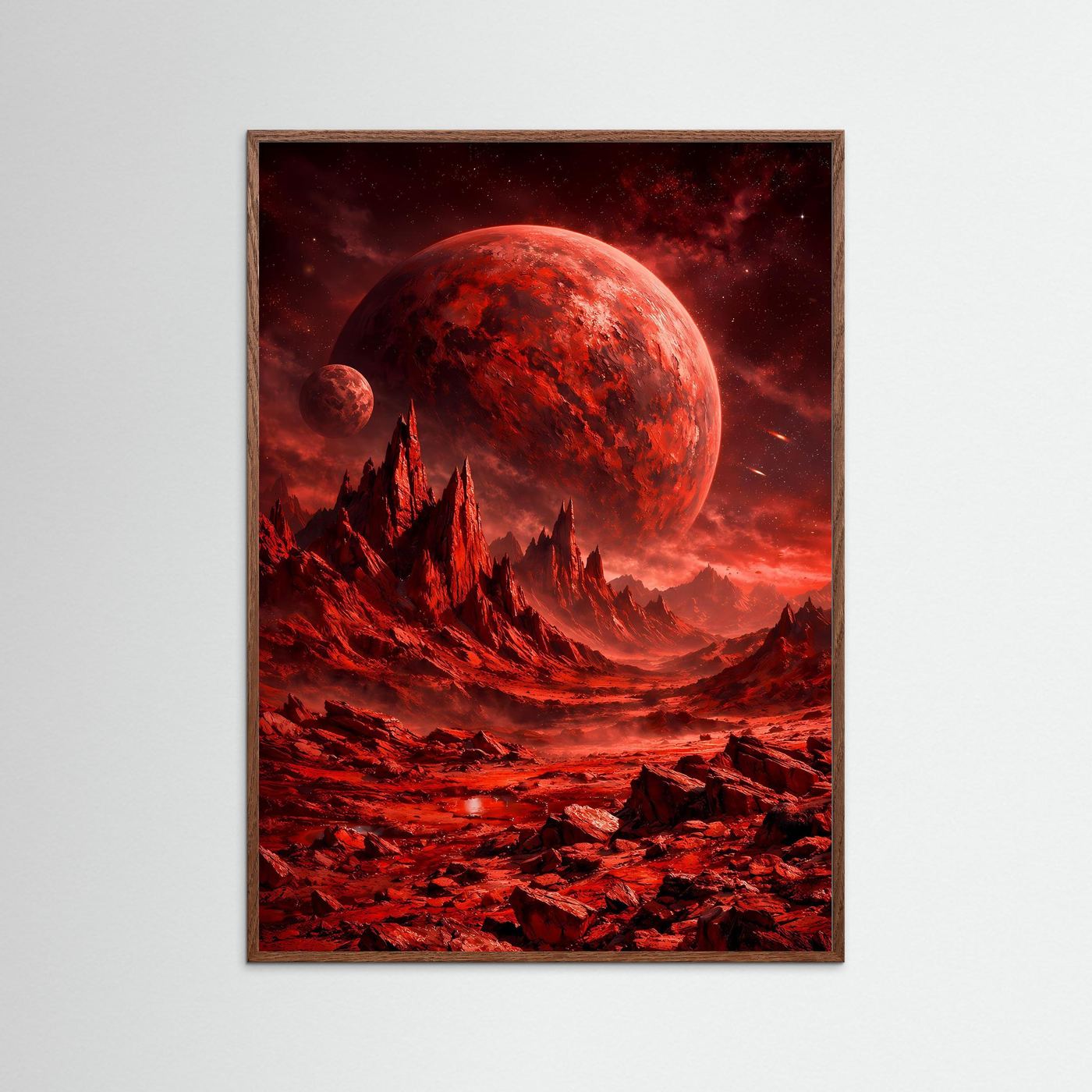 Sci‑Fi-Kunstposter mit dunklem Eichenrahmen: roter Planet, Felszacken, rote Weltraumlandschaft