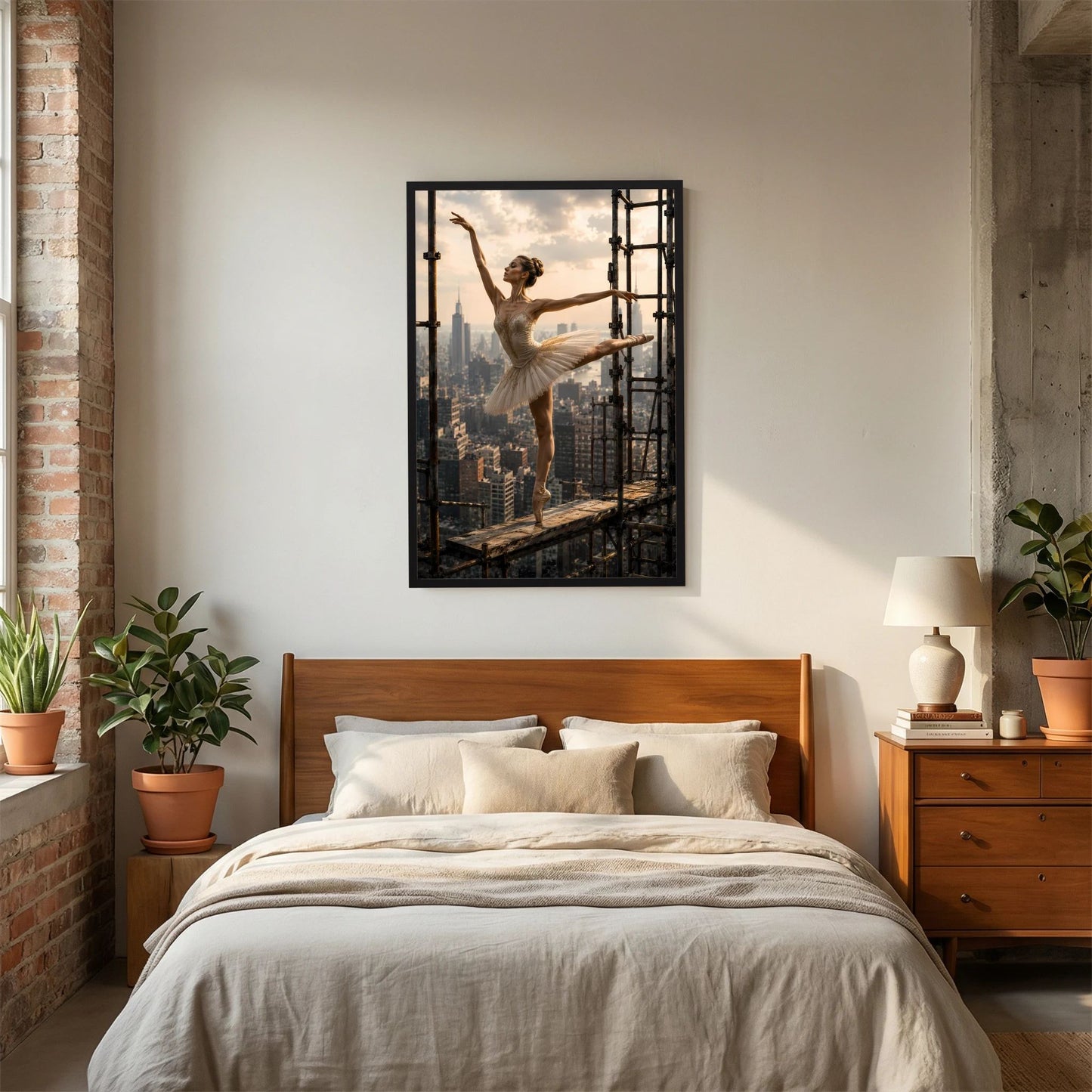 Poster Hochformat: Ballerina im beigen Tutu vor Skyline, schwarzer Rahmen