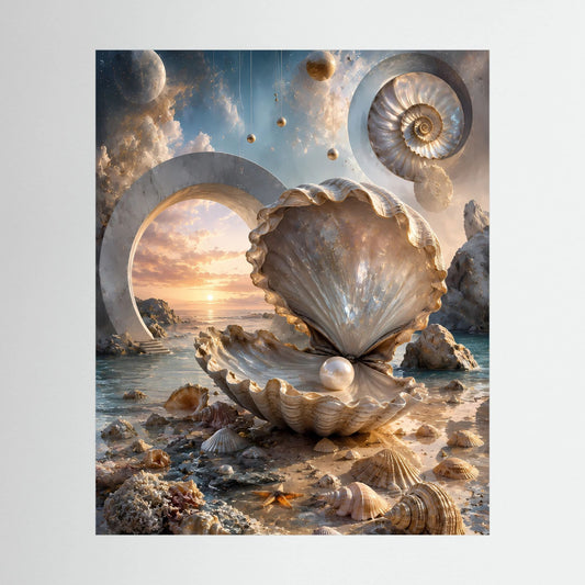 Hochformat-Poster mit großer Muschel mit Perle in Creme und Gold, surrealer Meerblick