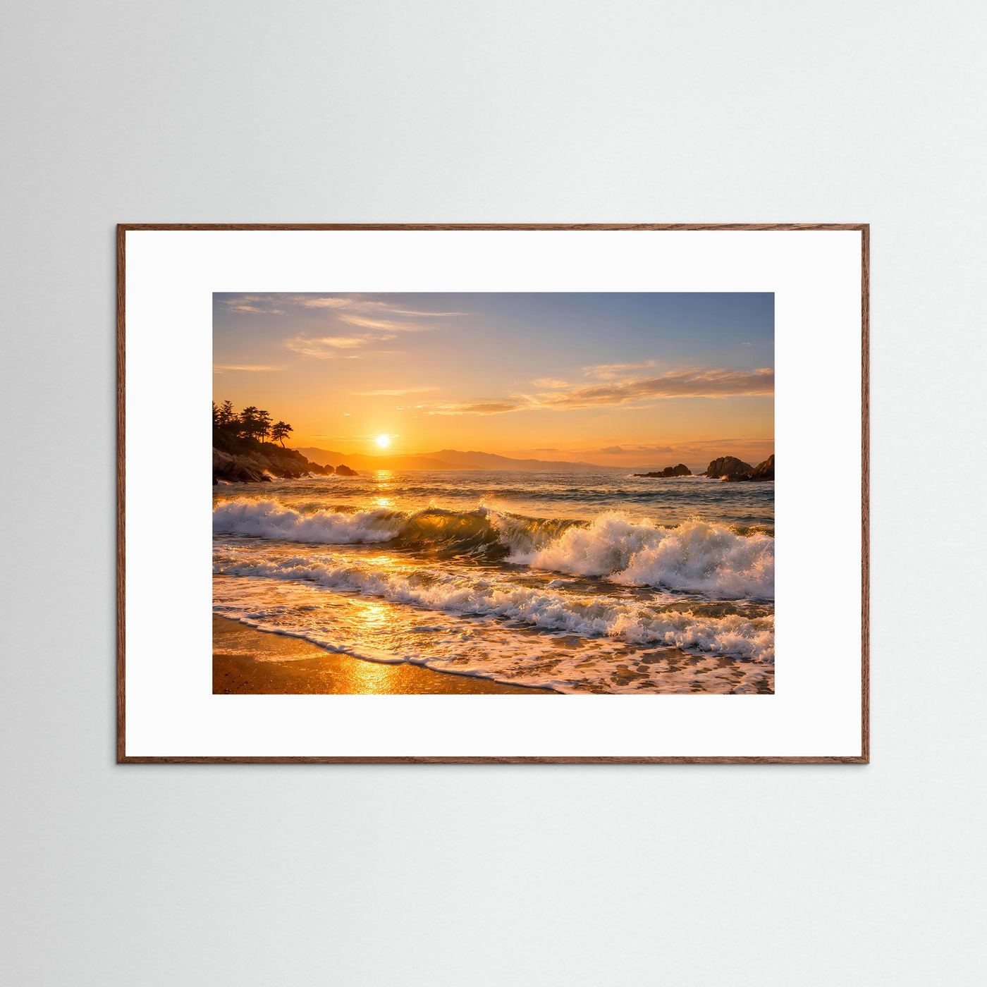 Goldener Sonnenuntergang an der Küste | Panorama Wellen & Strand Poster Querformat