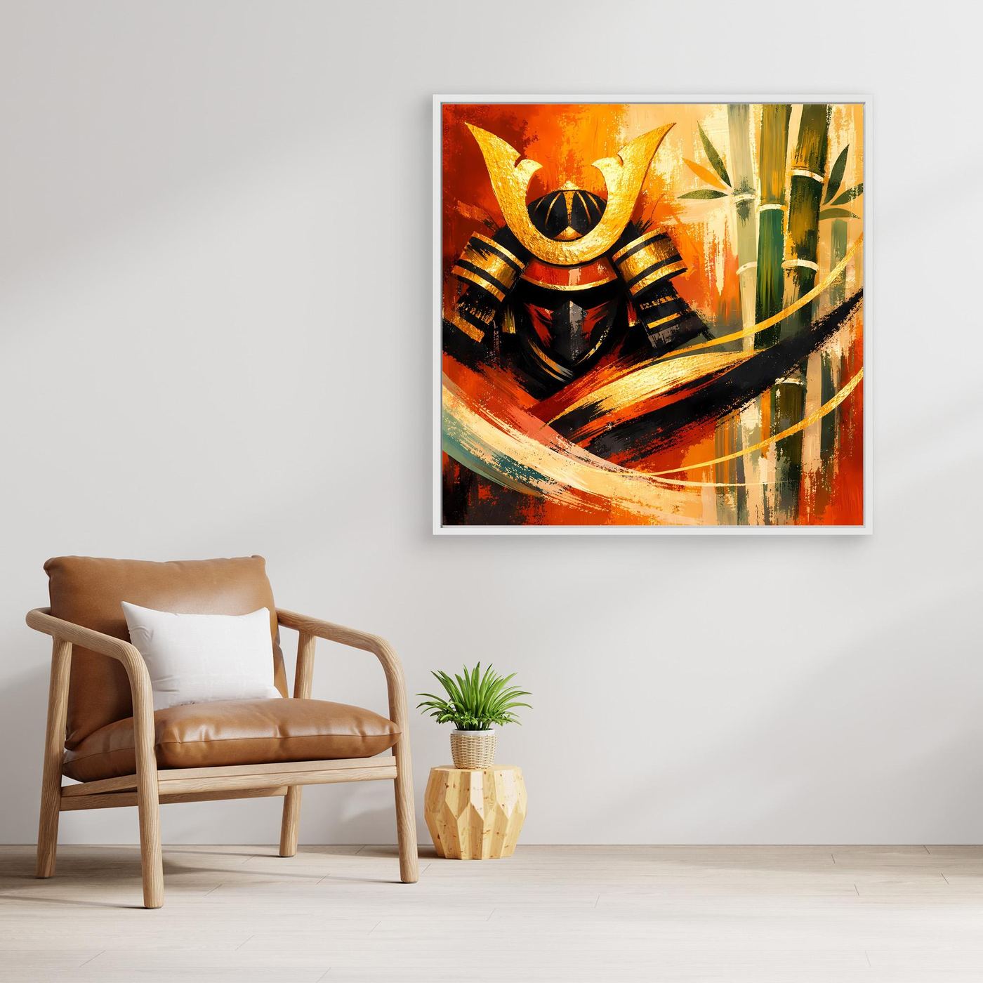 Gold gerahmtes Leinwand-Wandbild mit Samurai und Bambus, orangefarbener Farbmix