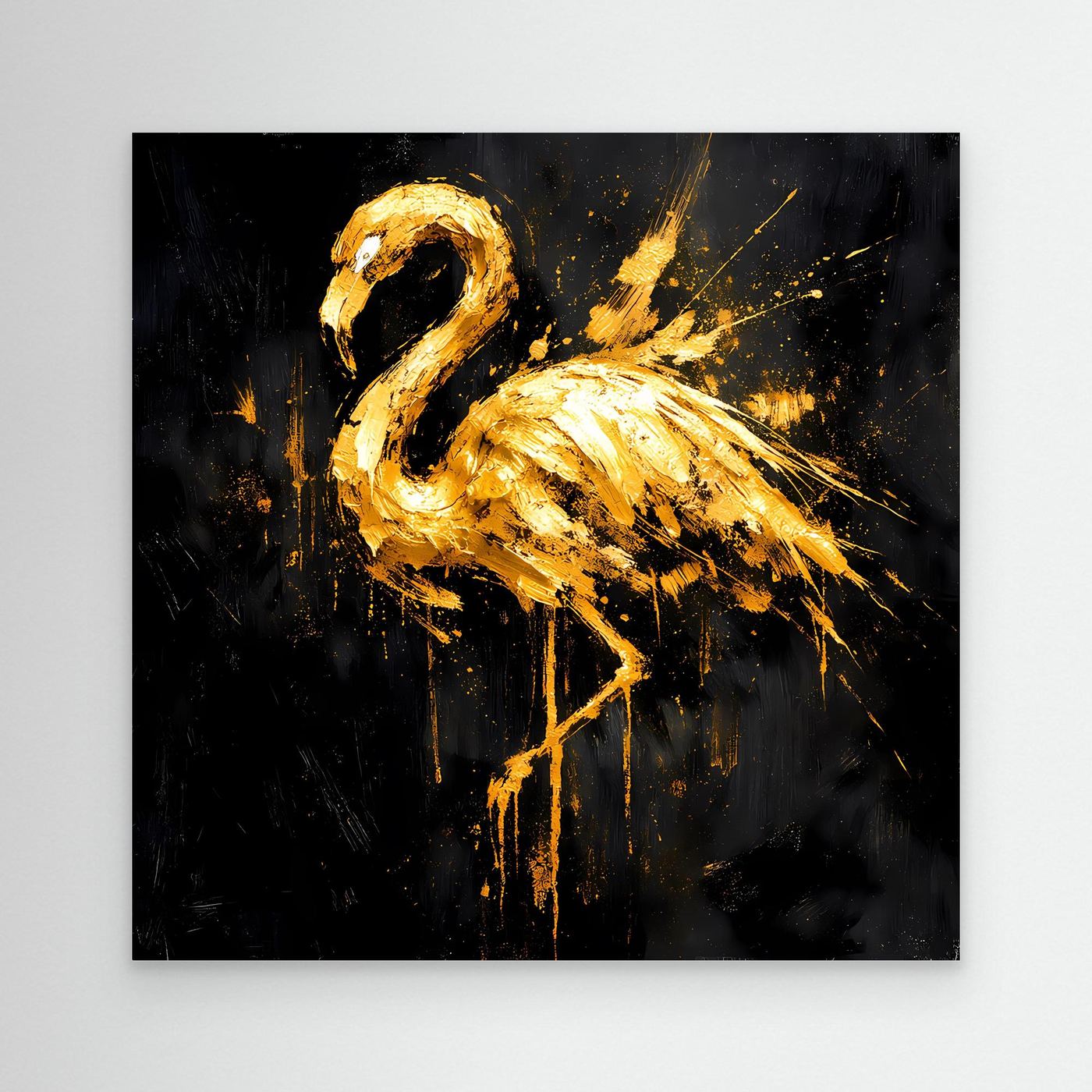 Leinwand Goldener Flamingo auf Schwarz | Abstraktes Modernes Tier Wandbild Kunst