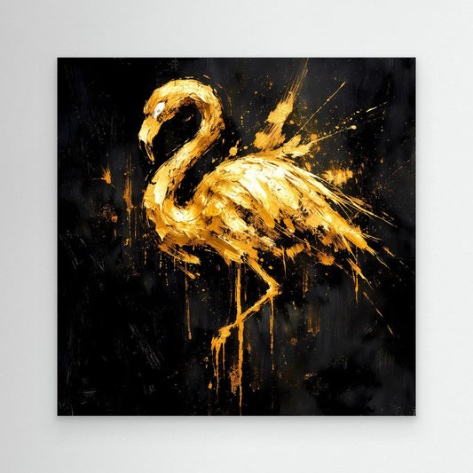 Flamingo-Wandbild mit goldener Figur auf schwarzem Hintergrund, abstrakte Farbspritzer