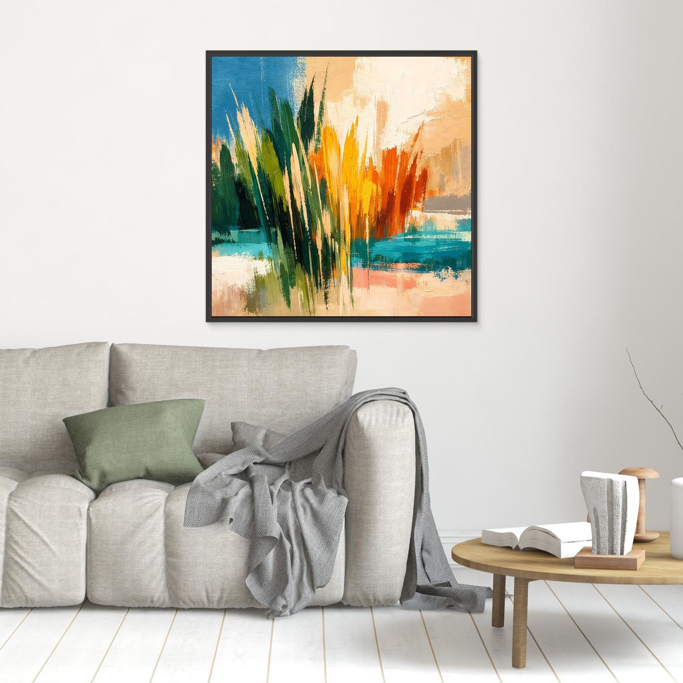 Leinwand-Wandbild mit abstraktem Schilf und See in Grün, Orange und Blau, schwarzer Rahmen